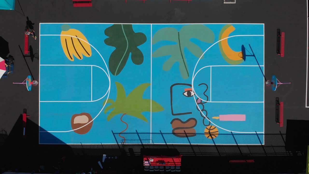 A drone image of the new St. Turibius School basketball court and mural. (St. Turibius School)