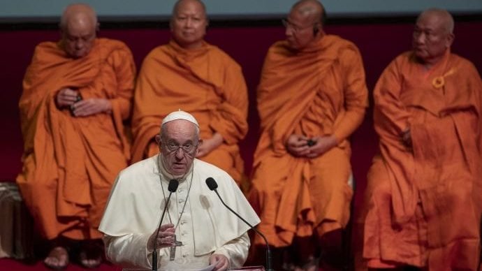 Pope Francis delivers a speech during a meeting of religious leaders at the Chulalongkorn University, Friday, Nov. 22, 2019, in Bangkok, Thailand. (Gemunu Amarasinghe/AP via Crux)