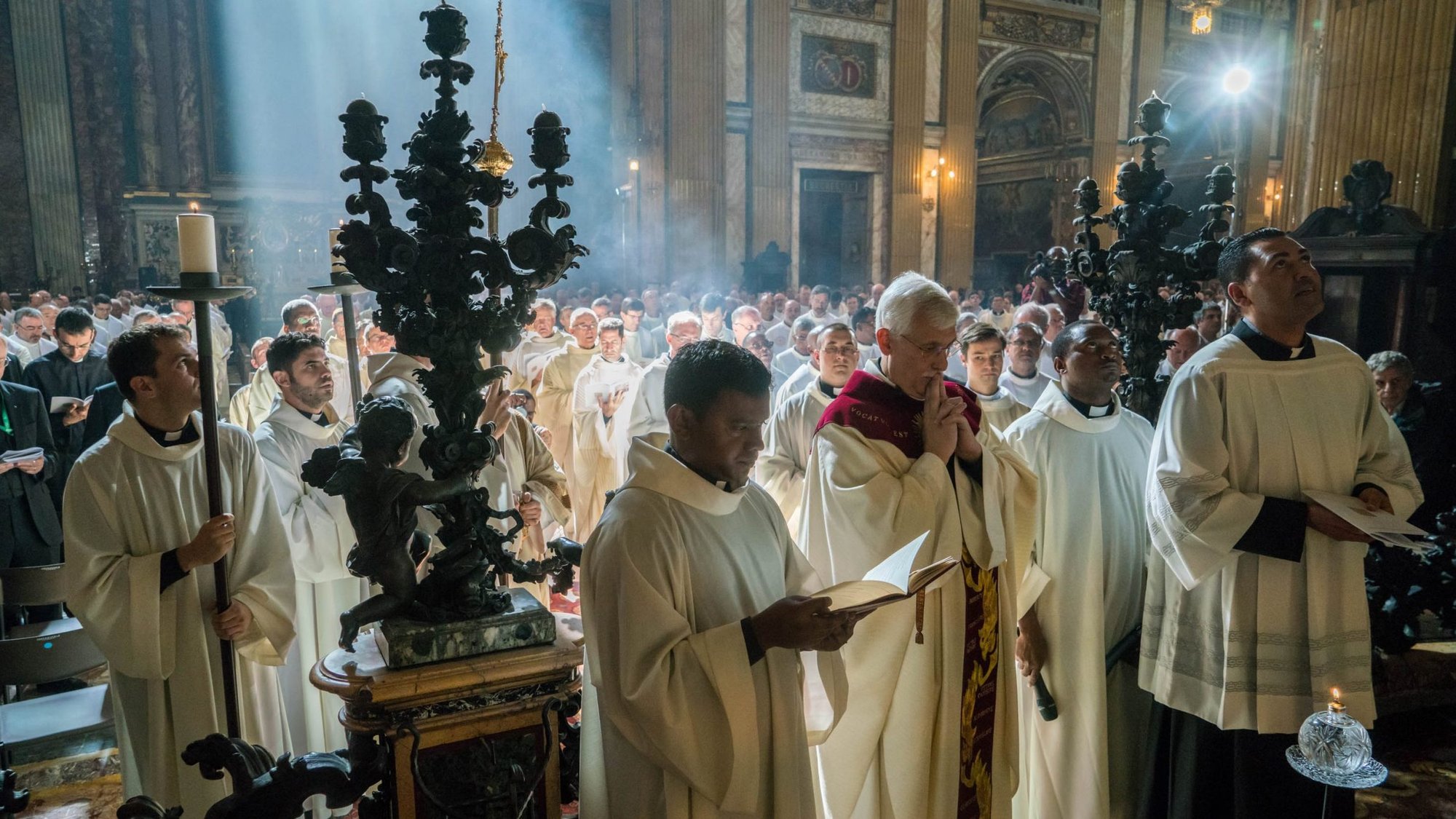 Jesuit Father Arturo Sosa Abascal, with hands clasped, celebrates Mass Oct. 2 at Rome's Church of the Gesu. (CNS photo/Don Doll, S.J.)