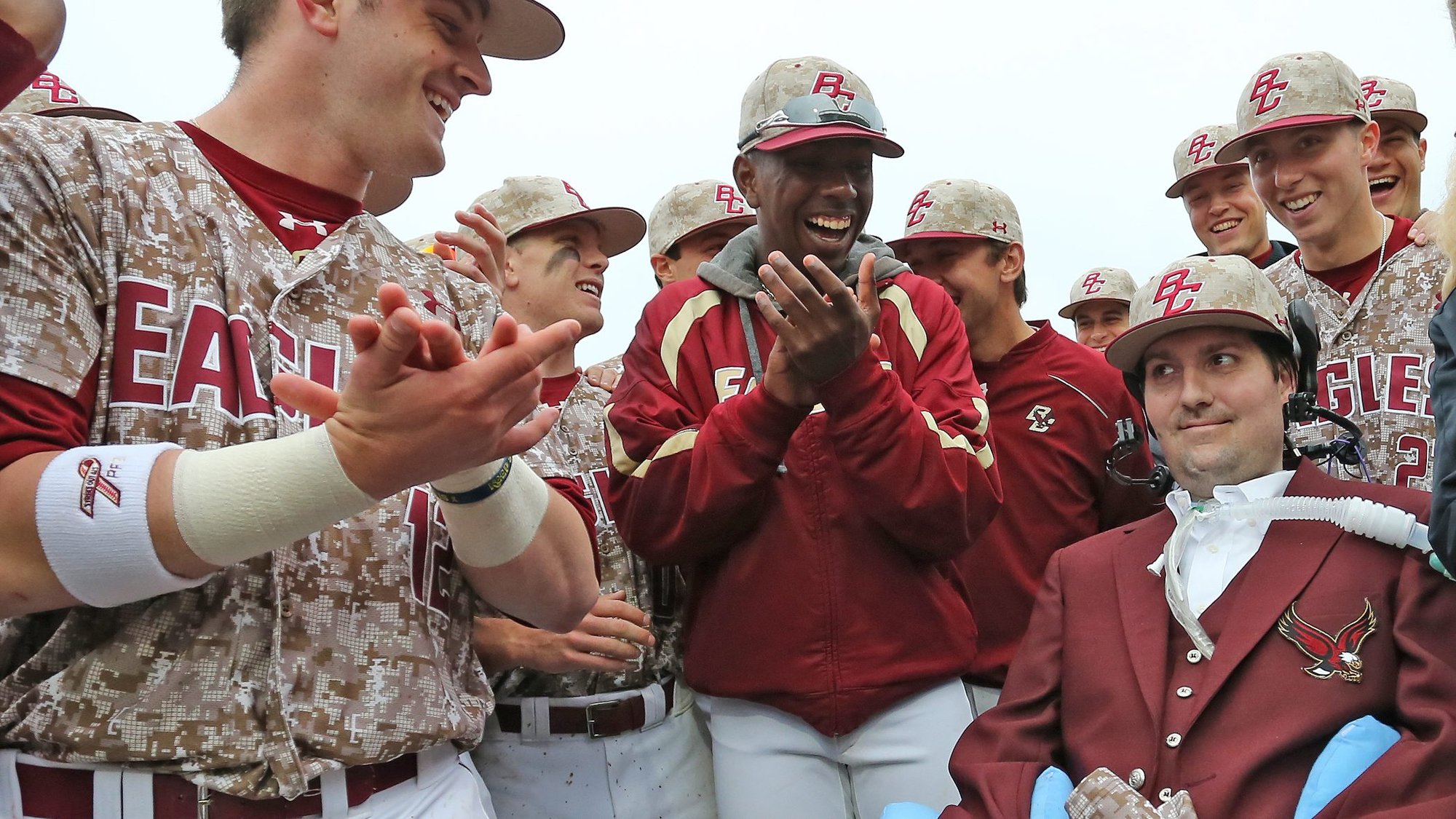 Pete Frates is shown here at Boston College's fifth annual ALS Awareness Game in 2016 when his No. 3 baseball jersey was retired. Frates, whose battle with amyotrophic lateral sclerosis helped propel the viral ice bucket challenge, died Dec. 9, 2019. At a packed funeral Mass for him in Boston Dec. 13, the homilist urged the congregation to face adversity as Frates did: "Be patient hopeful and strong. Live life honorably and be aglow with goodness." (CNS photo/John Quackenbos, BC Athletics)