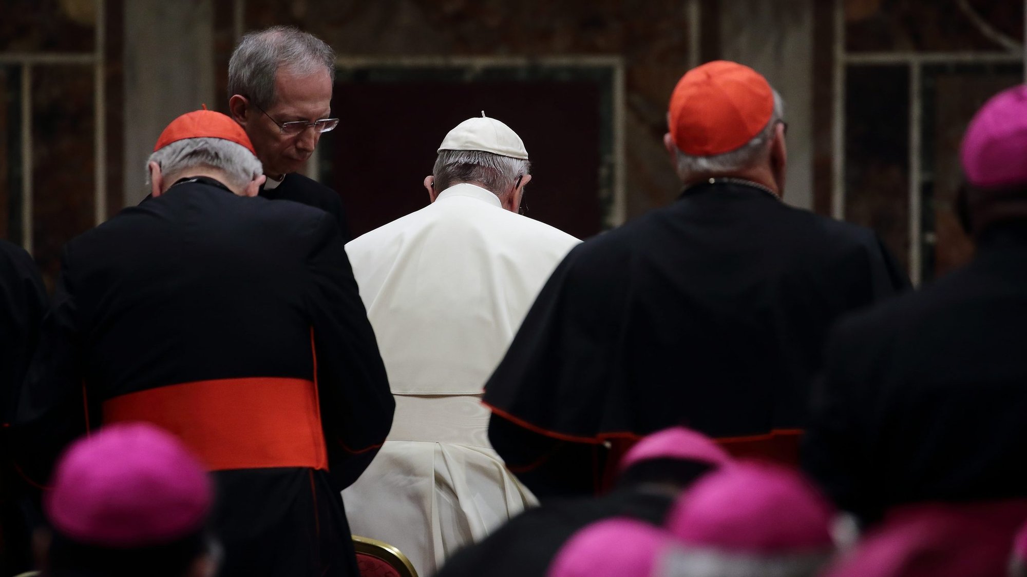 Pope Francis and prelates from around the world attend a penitential liturgy during a meeting on the protection of minors in the church at the Vatican in this Feb. 23, 2019, file photo. In a decision published Dec. 17 the pope abolished the obligation of secrecy for abuse victims during Vatican trials and processes. (CNS photo/Evandro Inetti, pool)