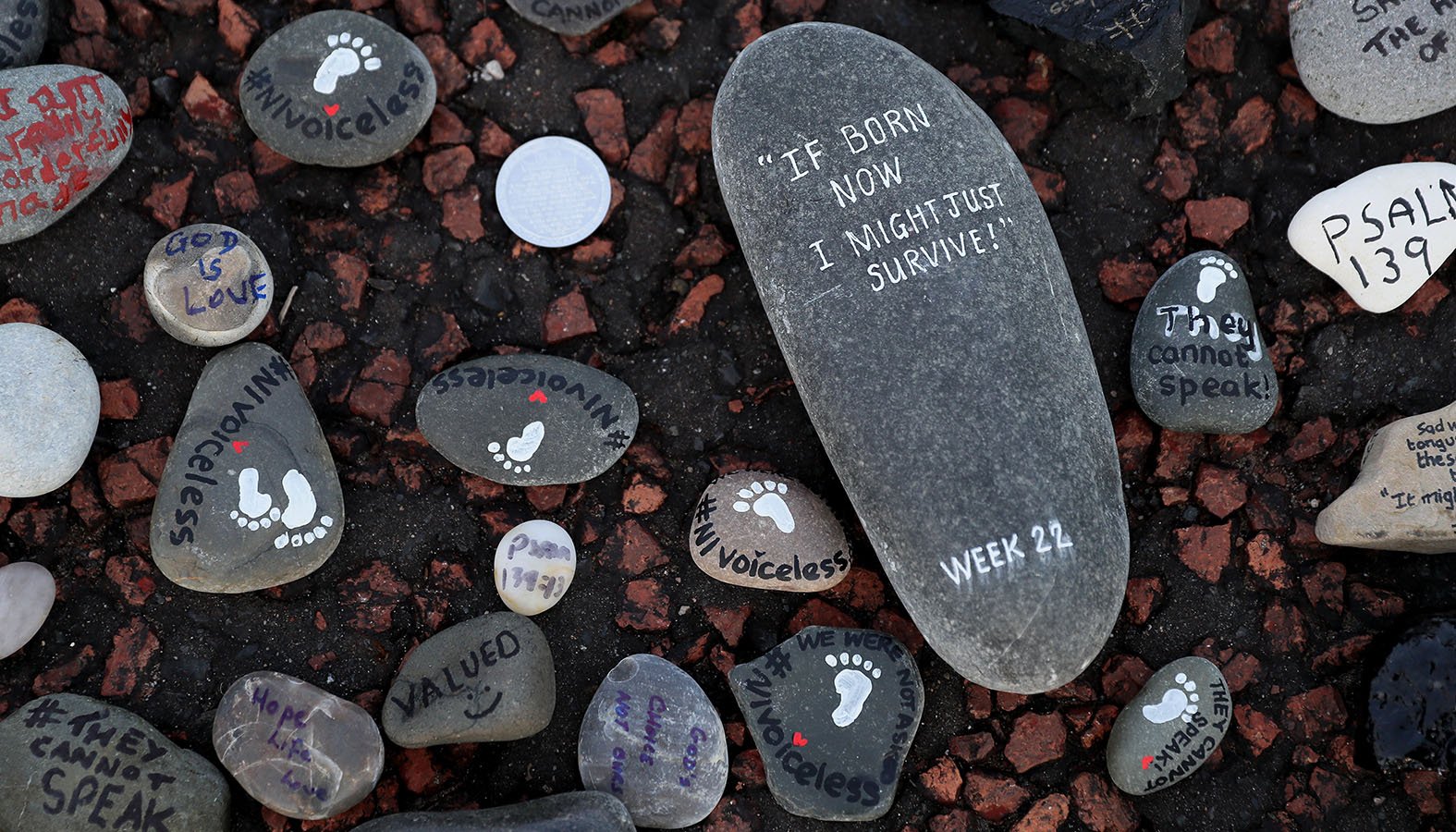 Stones placed by pro-life supporters are part of a silent demonstration Nov. 30, 2019, in Belfast, Northern Ireland. The Catholic bishops of Northern Ireland have asked the U.K. government to include a mandatory waiting period for women who request abortions under a new law. (CNS photo/Brian Lawless, Reuters)