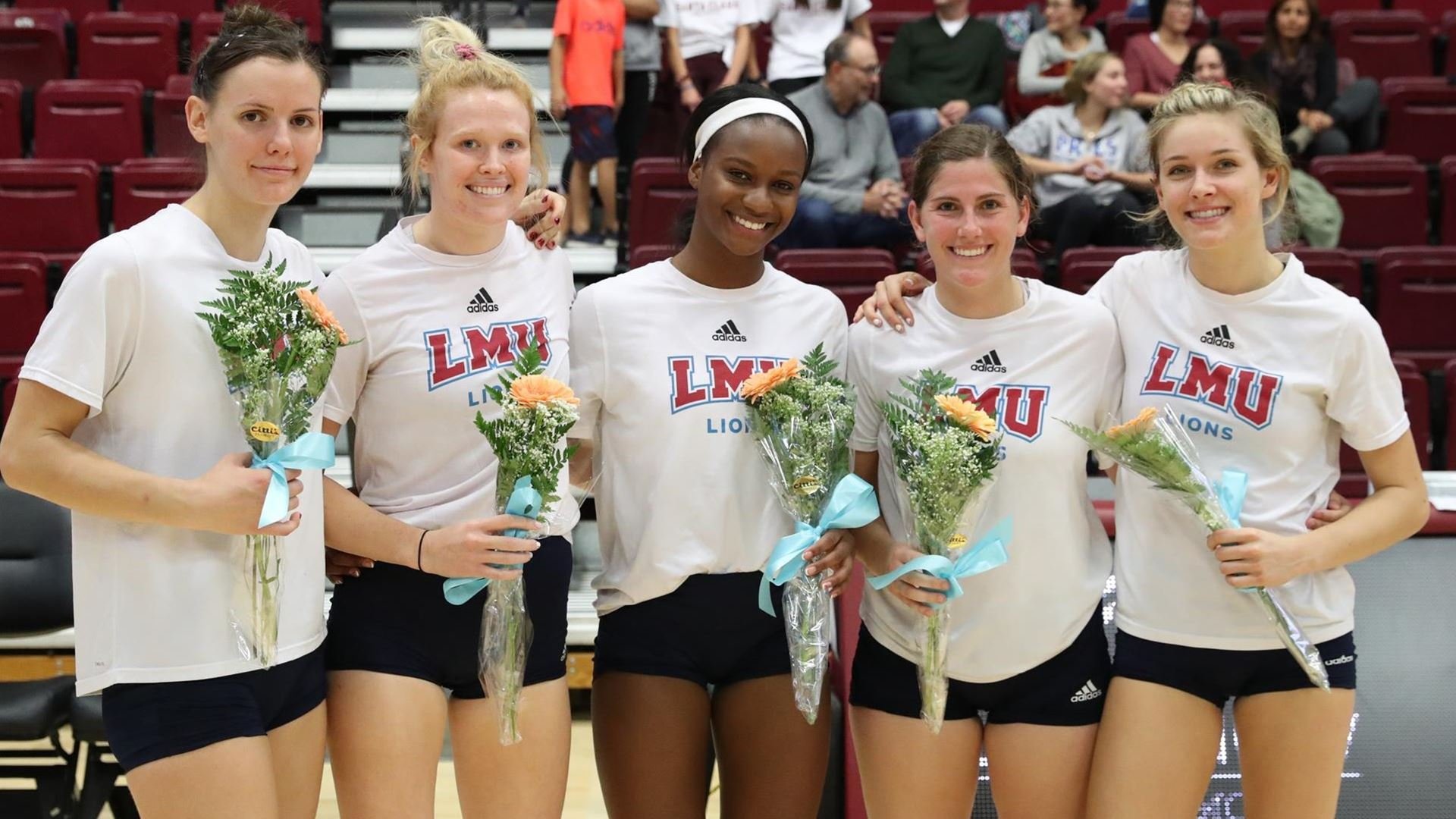 Honored on LMU’s Senior Night at Gersten Pavilion were Bo Culo (from Left), Emma Johnson, Alexis Morrow, Tess Reid and Savannah Slattery. (LMU Athletics)