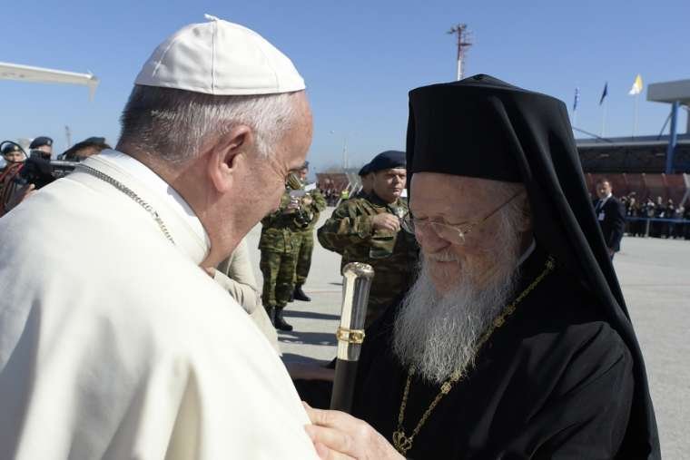 Pope Francis and Patriarch Bartholomew I in Greece, April 16, 2016. (Vatican Media)