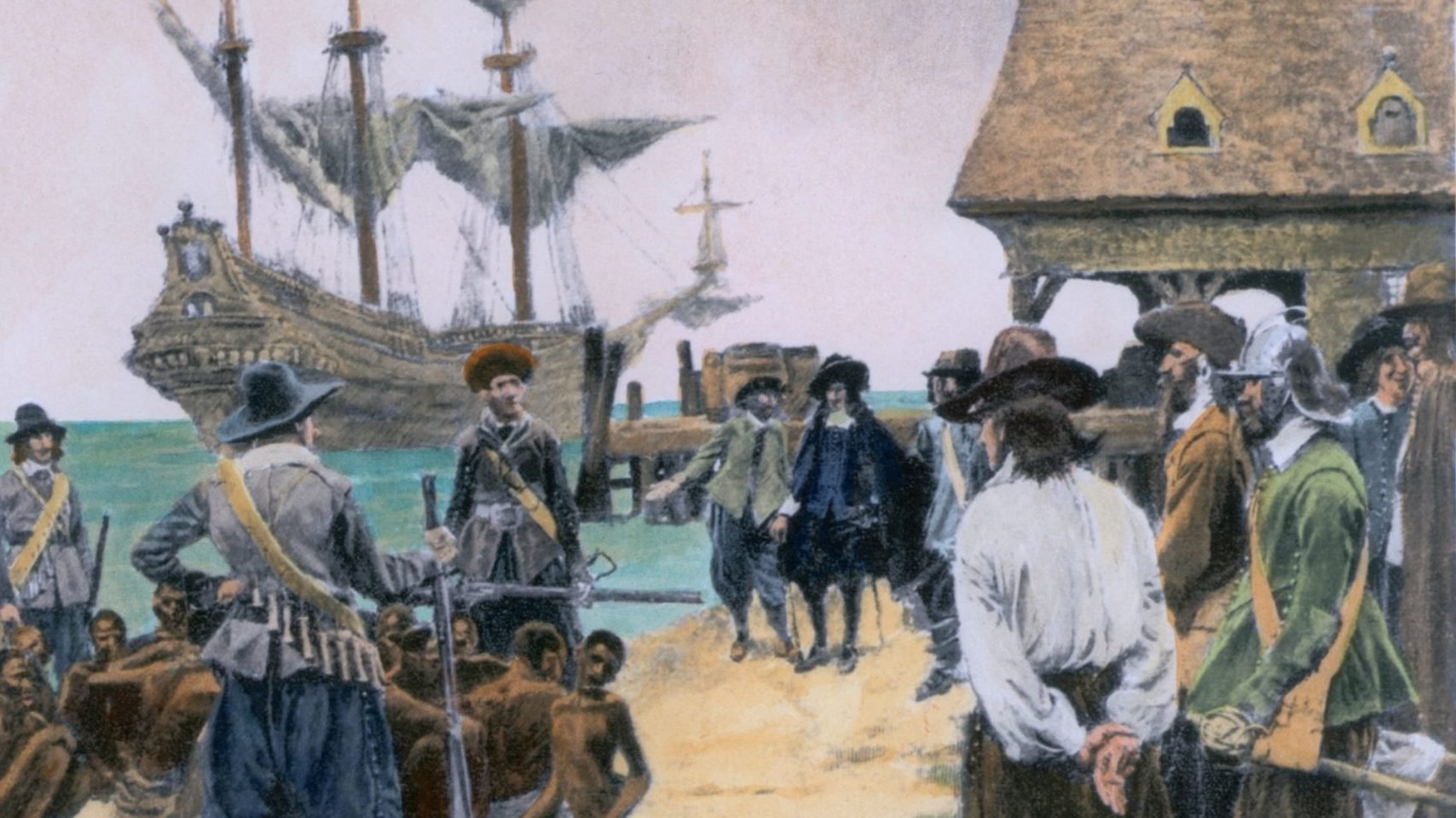 The landing of 20 African captives in Virginia in 1619, 19th-century engraving with modern color. (Library of Congress/Shutterstock)