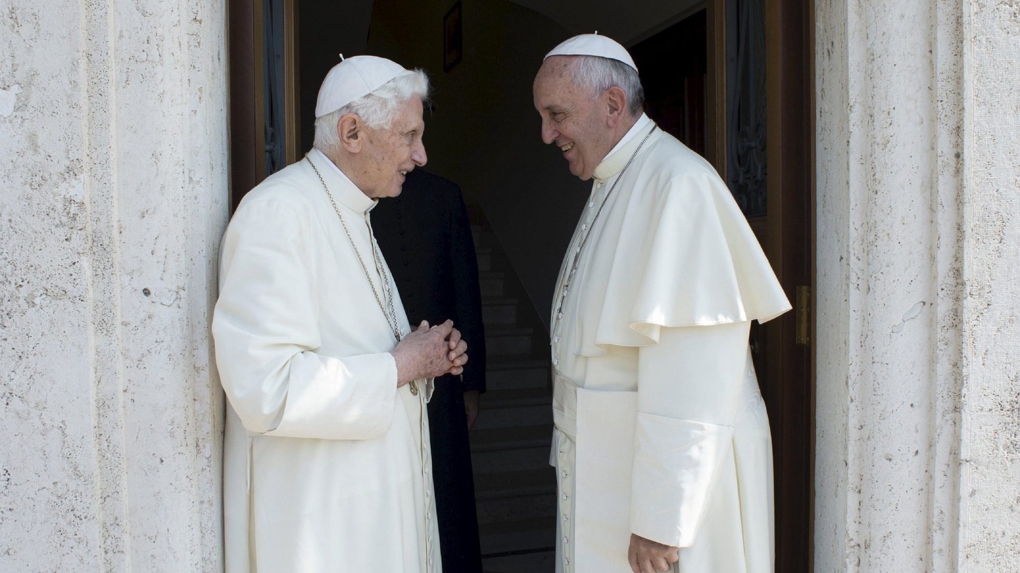 Pope Francis with Pope Emeritus Benedict XVI at the Monastery of Mater Ecclesiae in Vatican City on June 30, 2015. (CNS photo/L'Osservatore Romano via Reuters)