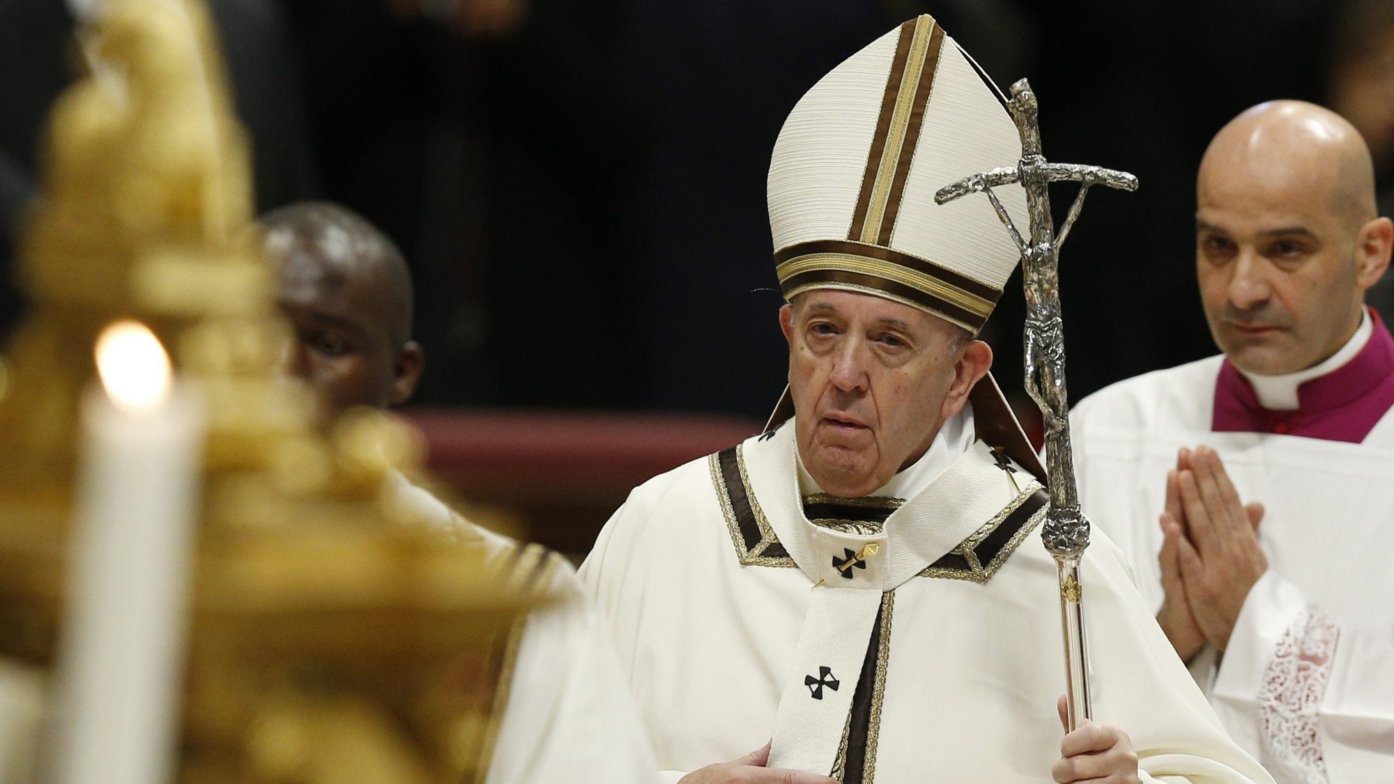 Pope Francis leaves after celebrating Mass marking the feast of the Epiphany in St. Peter's Basilica at the Vatican Jan. 6, 2020. (CNS photo/Paul Haring)