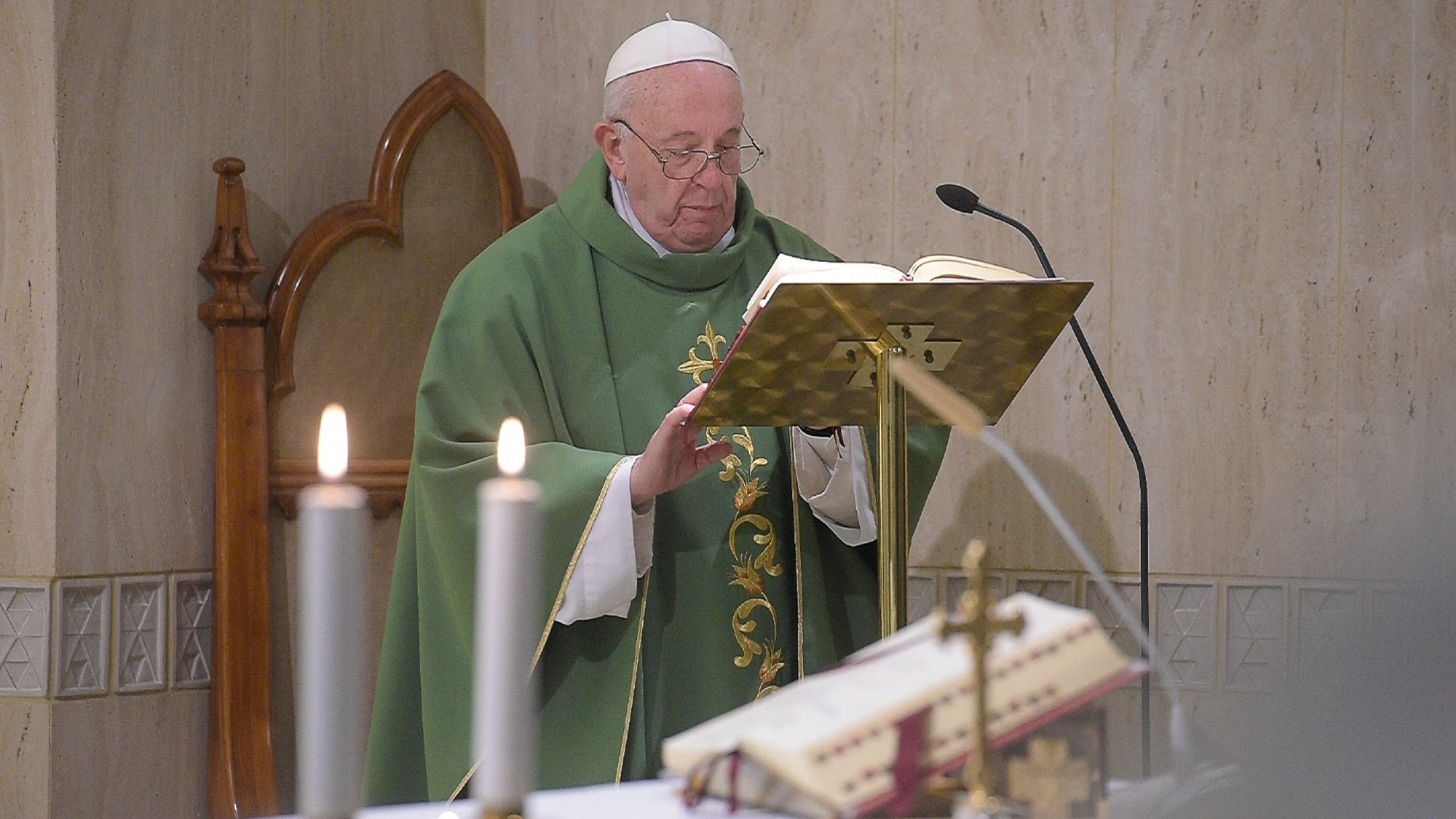 Pope Francis celebrates Mass in the chapel of the Domus Sanctae Marthae at the Vatican Jan. 14, 2020. In his homily, the pope said the crowds who followed Jesus knew he taught with "authority" because he lived what he preached. Too many other religious leaders, he said, suffer from "pastoral schizophrenia," which is saying one thing and doing another. (CNS photo/Vatican Media)