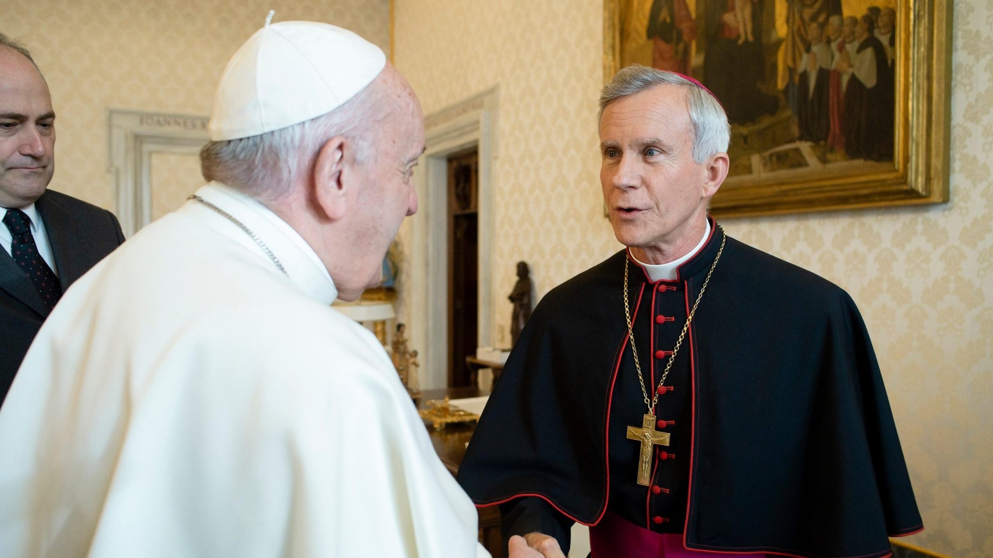 Pope Francis greets Bishop Joseph E. Strickland of Tyler, Texas, during a meeting with U.S. bishops from Arkansas, Oklahoma and Texas during their "ad limina" visits to the Vatican Jan. 20, 2020. Bishop Strickland said he asked Pope Francis about the Vatican investigation into Theodore E. McCarrick and the release of a promised report on how the former cardinal managed to rise through the church ranks. (CNS photo/Vatican Media)