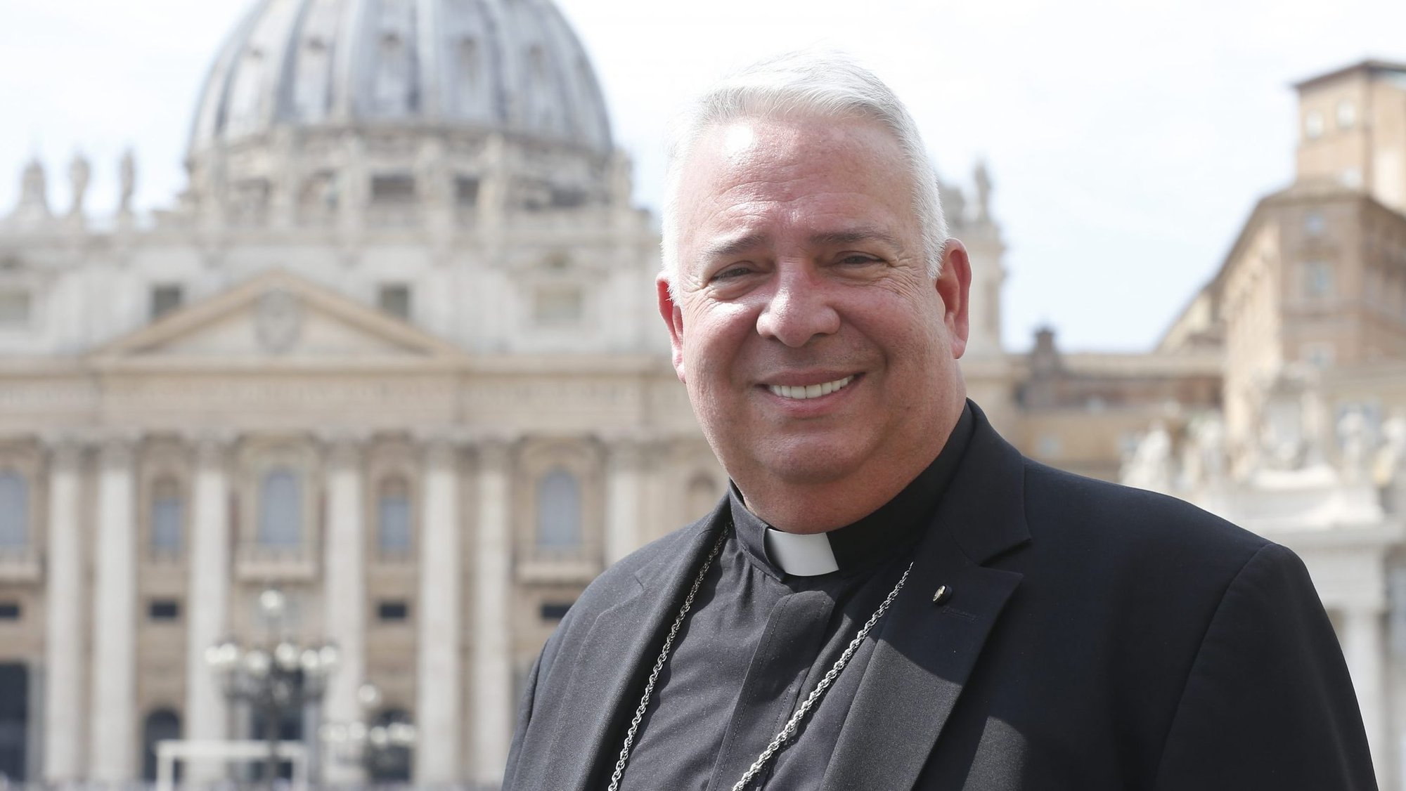 Bishop Nelson J. Perez of Cleveland is pictured in front of St. Peter's Basilica at the Vatican Sept. 16, 2019. Pope Francis has accepted the resignation of Archbishop Charles J. Chaput of Philadelphia and has appointed Bishop Perez as his successor. (CNS photo/Paul Haring)