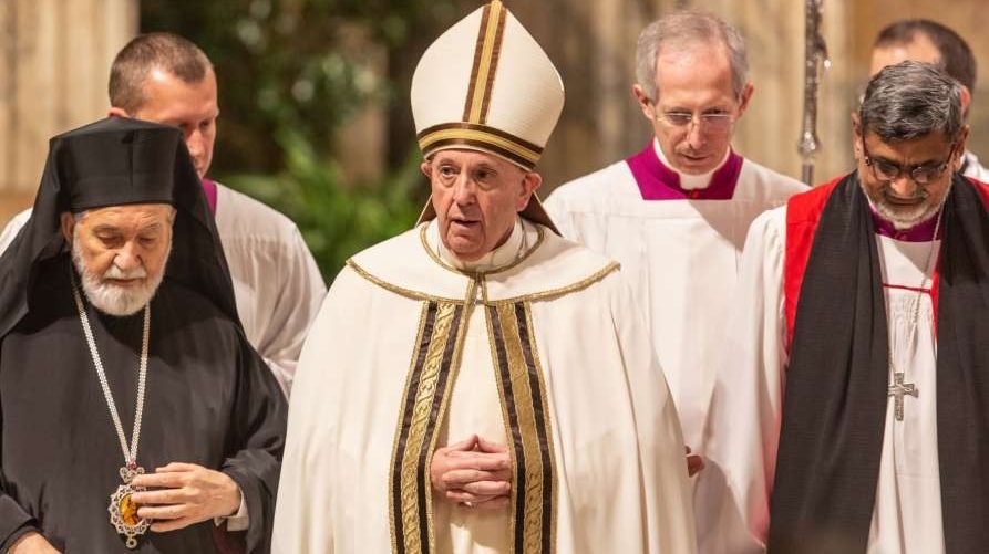Pope Francis presides over ecumenical vespers in the Basilica of St. Paul Outside the Walls Jan. 25, 2020. (Daniel Ibanez/CNA)