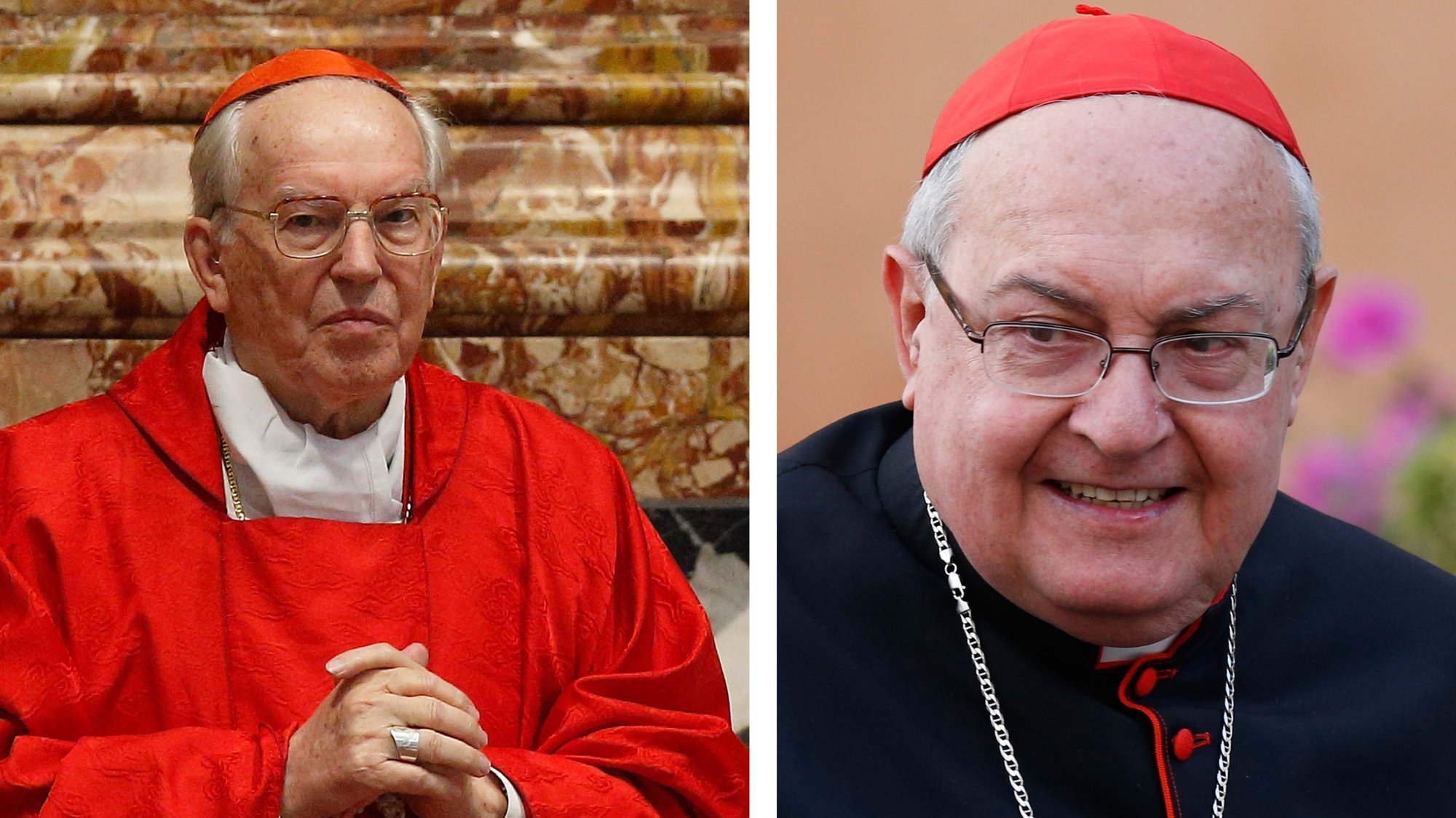 The Vatican announced Jan. 25, 2020, that Pope Francis has approved the election of Italian Cardinal Giovanni Battista Re as dean of the College of Cardinals and of Argentine Cardinal Leonardo Sandri as the subdean. The two cardinals are pictured in a June 7, 2019, and Oct. 16, 2014, combination photo. (CNS photo/Paul Haring)