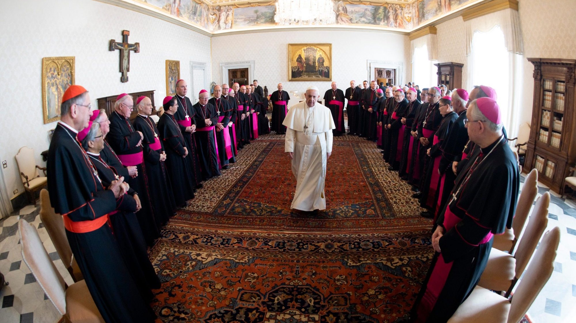 Pope Francis meets with bishops from California, Hawaii and Nevada during their "ad limina" visits to the Vatican Jan. 27, 2020. The bishops were making their "ad limina" visits to report on the status of their dioceses to the pope and Vatican officials. (CNS photo/Vatican Media)