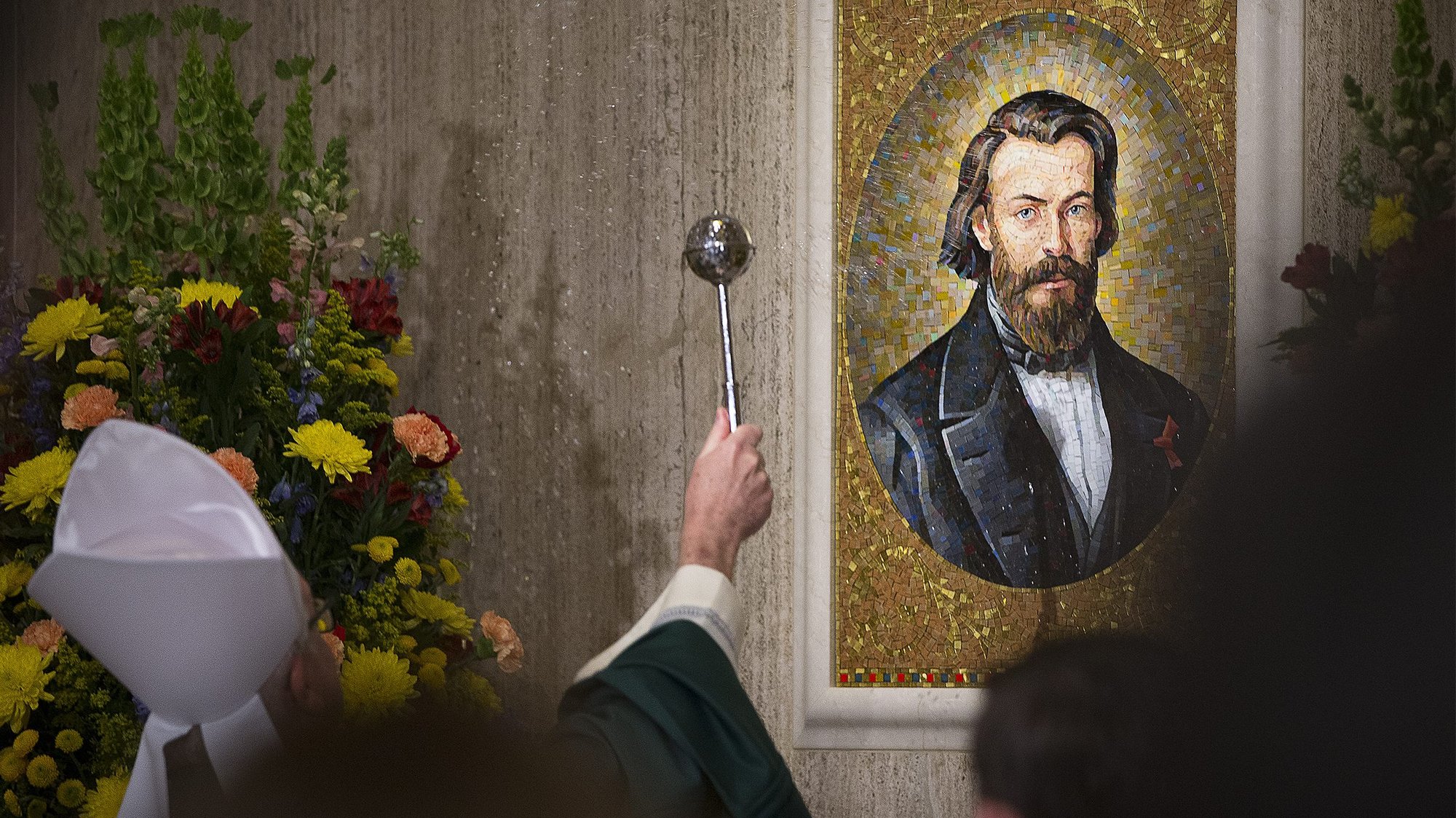 Bishop Donald J. Hying of Madison, Wis., blesses a mosaic of Blessed Frederic Ozanam at the Basilica of the National Shrine of the Immaculate Conception in Washington Jan. 26, 2020. Ozanam was part of a group of young Catholic intellectuals in the 19th century who discussed literature, history and society, while also visiting the poor and sick at home. The group founded what came to be known as the Society of St. Vincent de Paul, which is still active worldwide. (CNS photo/Tyler Orsburn)