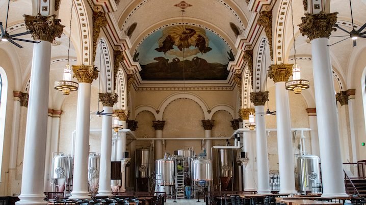 This is an interior shot taken Feb. 4, 2020, inside the former St. Michael the Archangel Church in Baltimore, which has been transformed into a new community gathering space, a brewpub called the Ministry of Brewing. (CNS photo/Kevin J. Parks, Catholic Review)