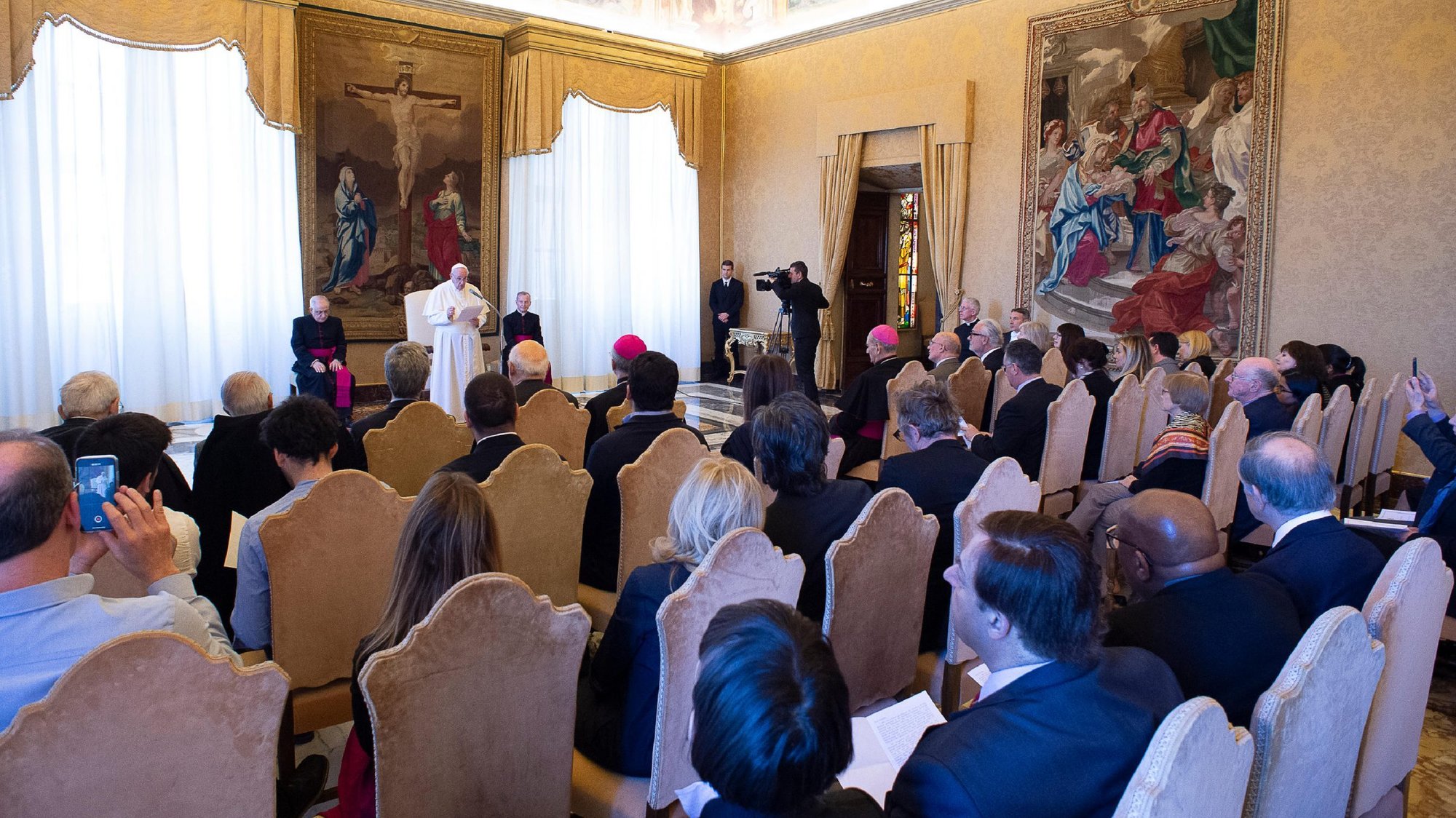 Pope Francis addresses participants Feb. 7, 2020, at a Vatican conference on promoting a "global compact" for improving education by building an alliance among parents, teachers, governments and social and religious institutions. The conference was sponsored by the Pontifical Academy of Social Sciences. (CNS photo/Vatican Media)