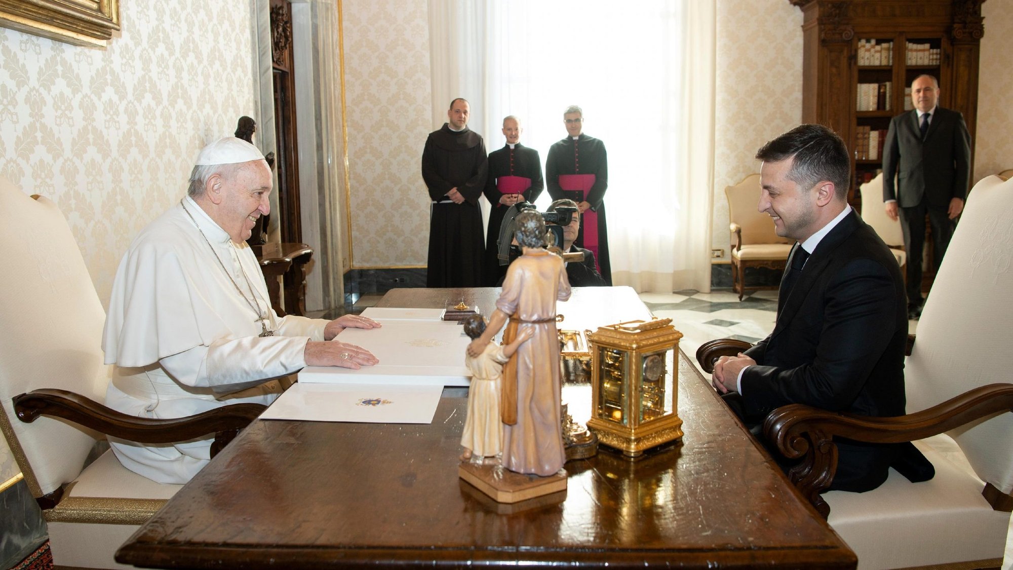 Pope Francis meets with Ukrainian President Volodymyr Zelensky during a private audience at the Vatican Feb. 8, 2020. (CNS photo/Vatican Media)
