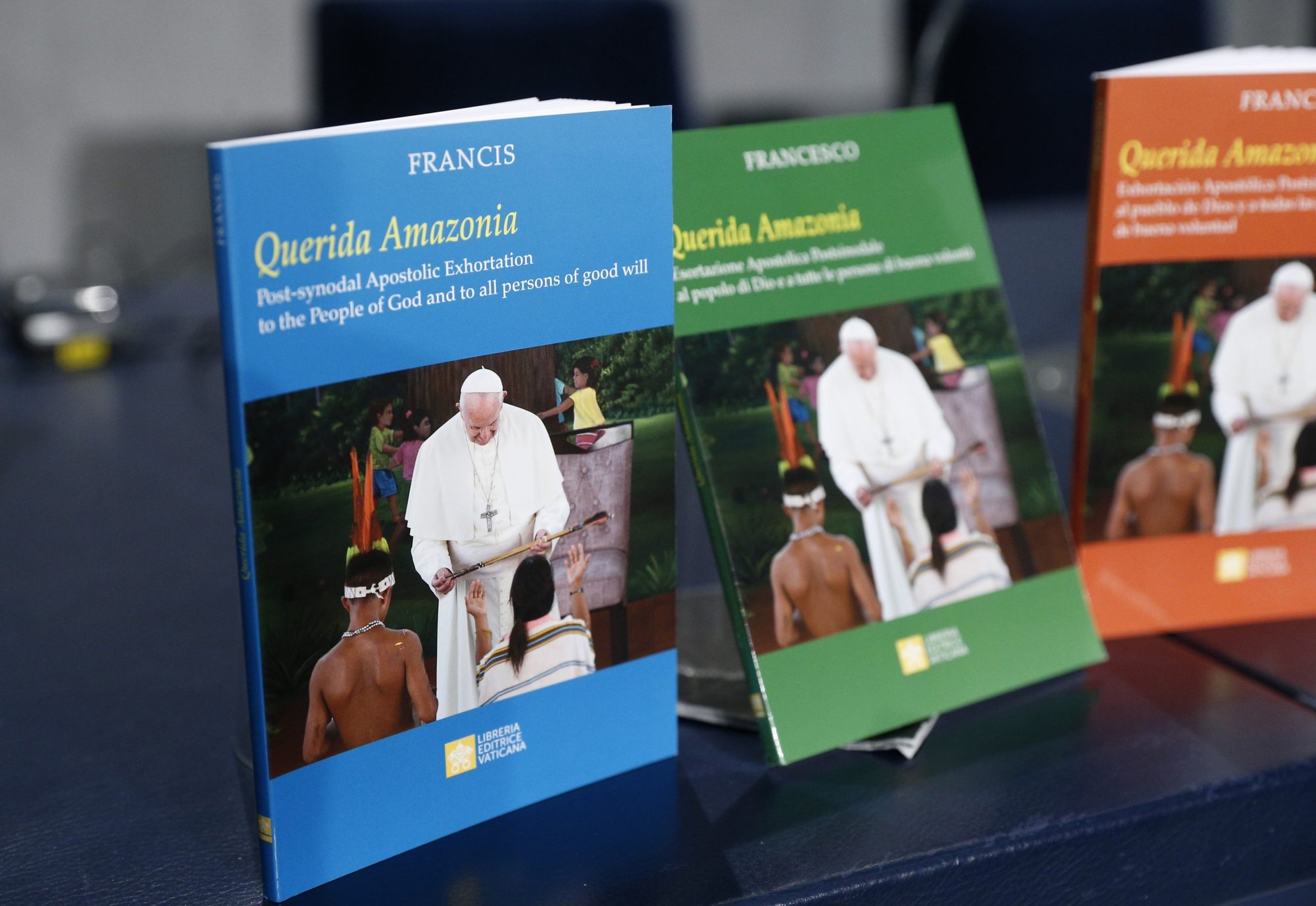 Copies of Pope Francis' apostolic exhortation, "Querida Amazonia" (Beloved Amazonia), are pictured at a news conference for the release of the exhortation at the Vatican Feb. 12, 2020. The document contains the pope's conclusions from the 2019 Synod of Bishops for the Amazon. (CNS photo/Paul Haring)