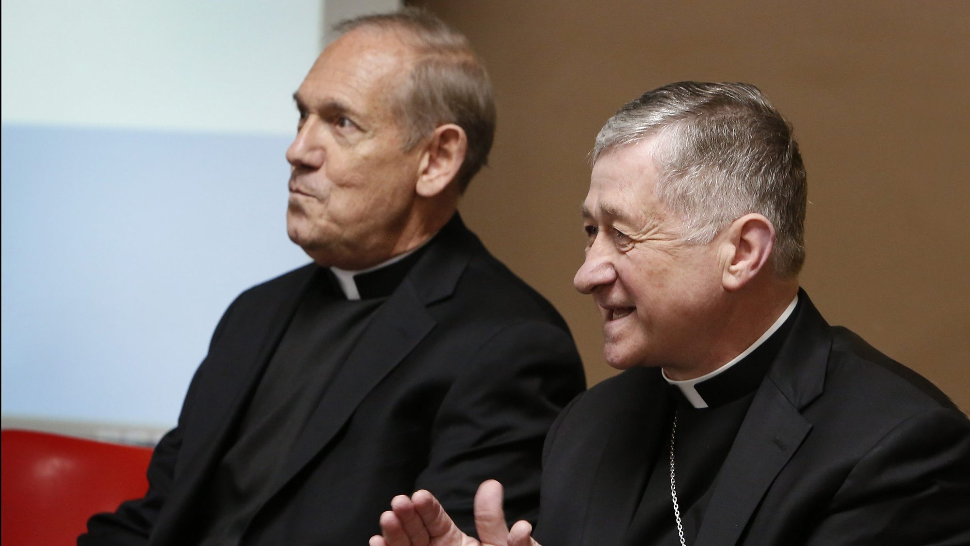 Msgr. Ken Velo, co-chairman of the Big Shoulders Fund, and Cardinal Blase J. Cupich of Chicago applaud during a luncheon at St. Genevieve School in Chicago Jan. 30, 2020. The Archdiocese of Chicago and the Big Shoulders Fund announced the previous day a commitment of more than $90 million to 30 Catholic schools, mostly on the South and West sides, serving 5,600 children. (CNS photo/Karen Callaway, Chicago Catholic)