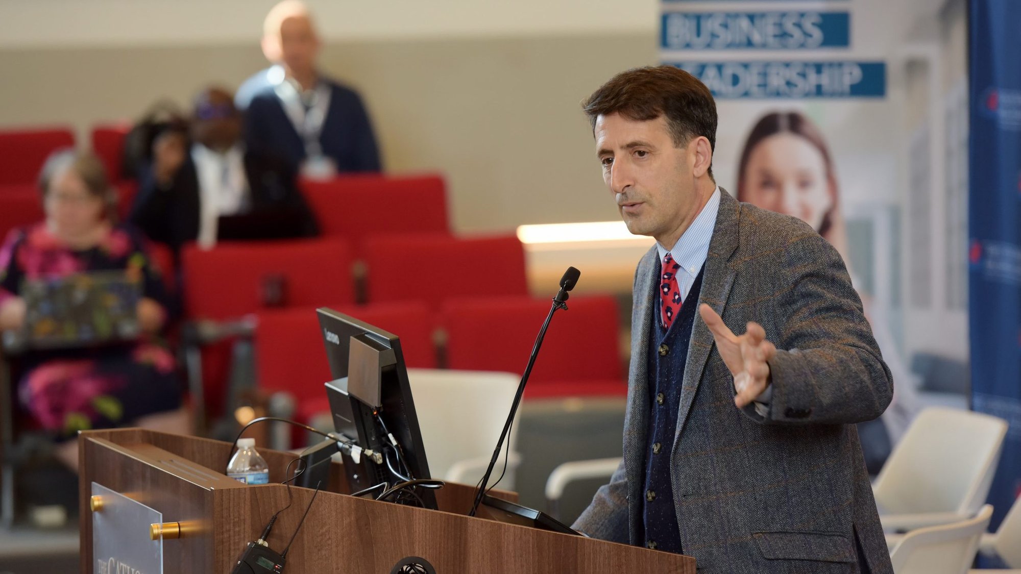 Andrew Abela, dean of the Busch School of Business at The Catholic University of America in Washington, speaks Feb. 14, 2020, during a conference at the university on "Bringing Your Faith To Work." (CNS photo/courtesy The Catholic University of America)