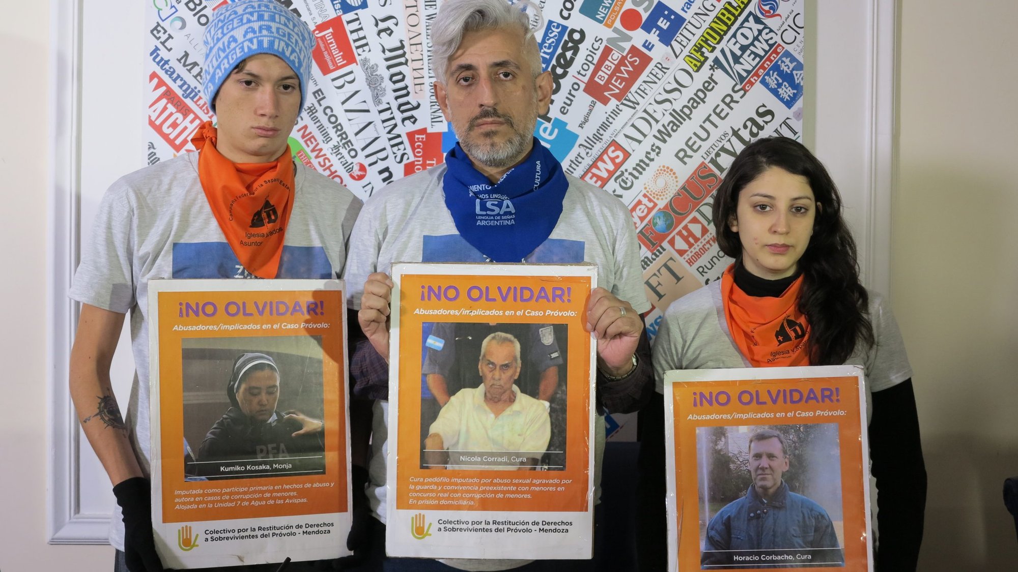 Ezequiel Villalonga, Daniel Sgardelis and Claudia Labeguerie, survivors of sexual abuse at schools for the deaf in Argentina, pose at a news conference Rome Feb. 20, 2020. The survivors were in Rome after a recent visit to Geneva, where they informed the U.N. Committee Against Torture about the sufferings they endured at both Catholic schools.(CNS photo/Junno Arocho Esteves)