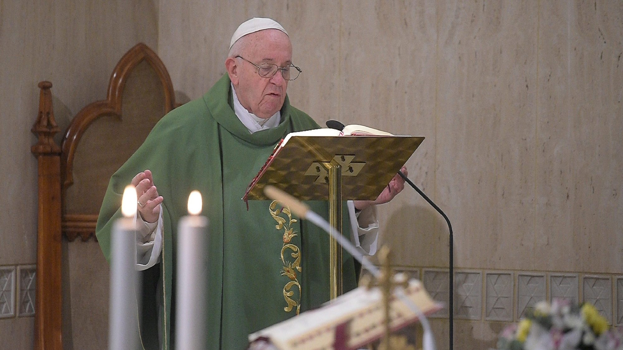 Pope Francis celebrates morning Mass in the chapel of his residence, the Domus Sanctae Marthae, at the Vatican Feb. 25, 2020. (CNS photo/Vatican Media)