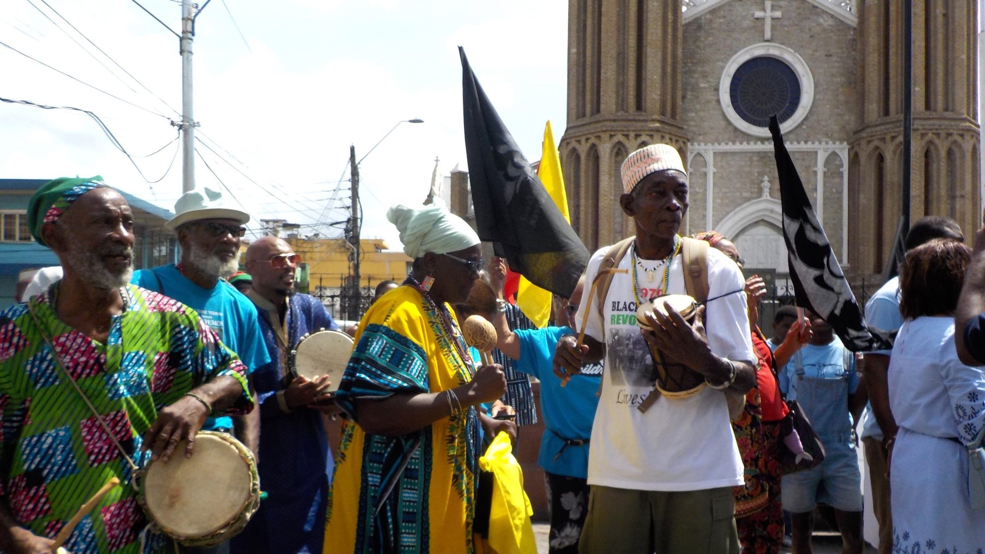 Traditional African dancers take part in the opening procession during an Ash Wednesday service Feb. 26, 2020, outside the Cathedral of the Immaculate Conception in Port of Spain, Trinidad, commemorating the Black Power Revolution's 50th anniversary. (CNS photo/Laura Ann Phillips)