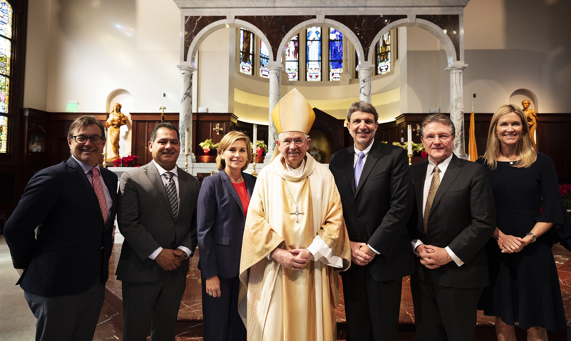 From left, the 2020 Cardinal’s Award recipients: Michael Feely, Carlos Herrera, Mollie Baumer, Archbishop José H. Gomez, Paul Viviano, Dan Schwala, and Michelle Chandler. (Victor Alemán)