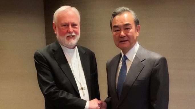 British Archbishop Paul Gallagher, effectively the Vatican’s foreign minister, meeting Chinese Foreign Minister Wang Yi of China on Feb. 14. (Holy See Press Office via Crux)