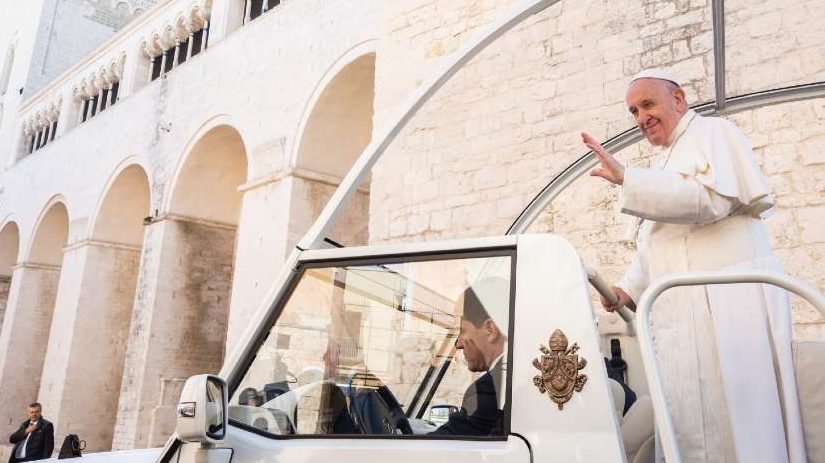 Pope Francis waves from the popemobile in Bari, Italy Feb. 23, 2020. (Daniel Ibanez/CNA)