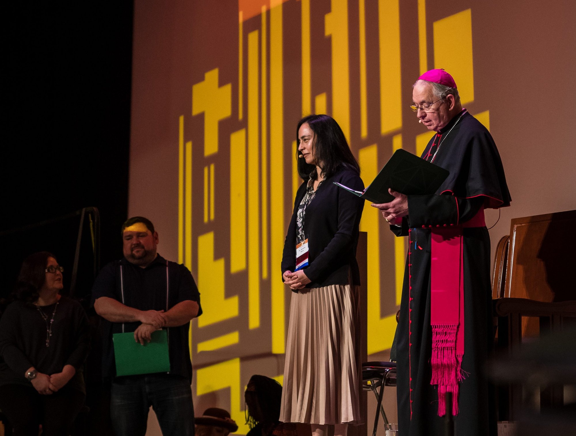 Los Angeles Archbishop José H. Gomez and Director of Religious Education for the Archdiocese of LA Sister Rosalia Meza at the LA Religious Education Congress Opening Ceremony Friday, Feb. 21, 2020. (Isabel Cacho)