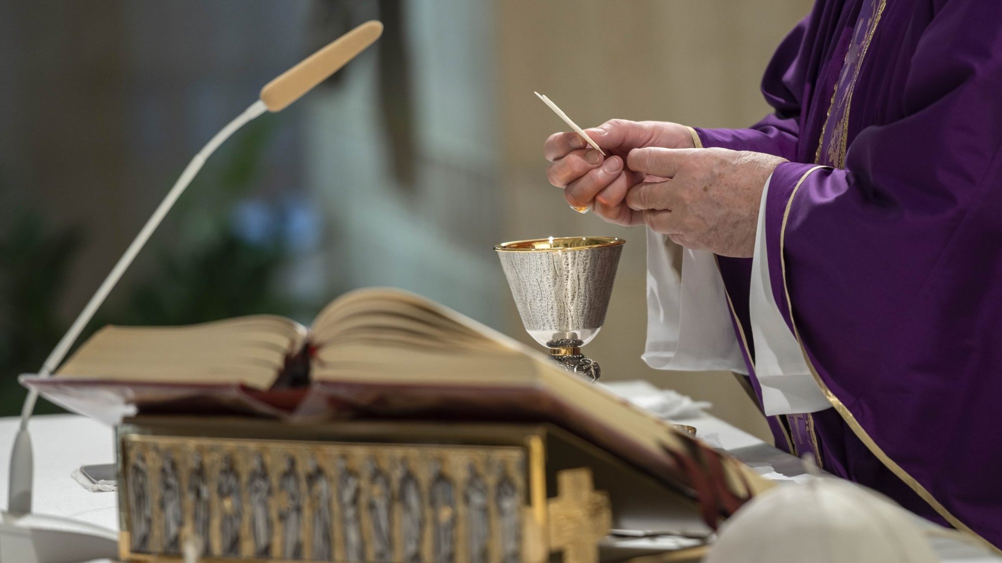 Pope Francis celebrates Mass in the chapel of his residence, the Domus Sanctae Marthae, at the Vatican March 10, 2020. For the second day this week the pope celebrated Mass without a small group of the faithful in order to avoid the risk of spreading the coronavirus. (CNS photo/Vatican Media)