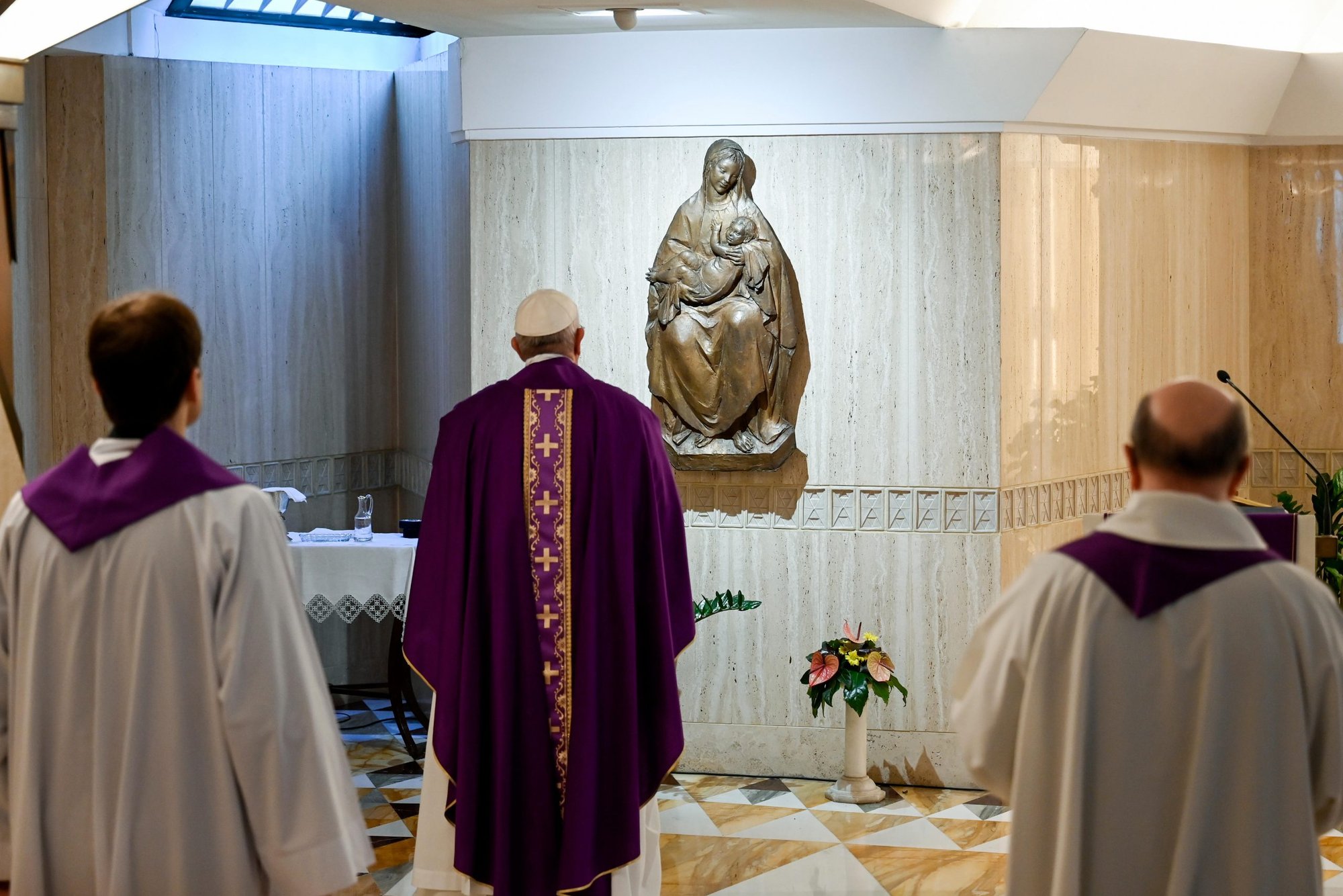 Pope Francis celebrates Mass March 16, 2020, in the chapel of his Vatican residence, the Domus Sanctae Marthae. At the beginning of the liturgy, the pope prayed for families who are cooped up in their homes and for all those who are ill with COVID-19. (CNS photo/Vatican Media)