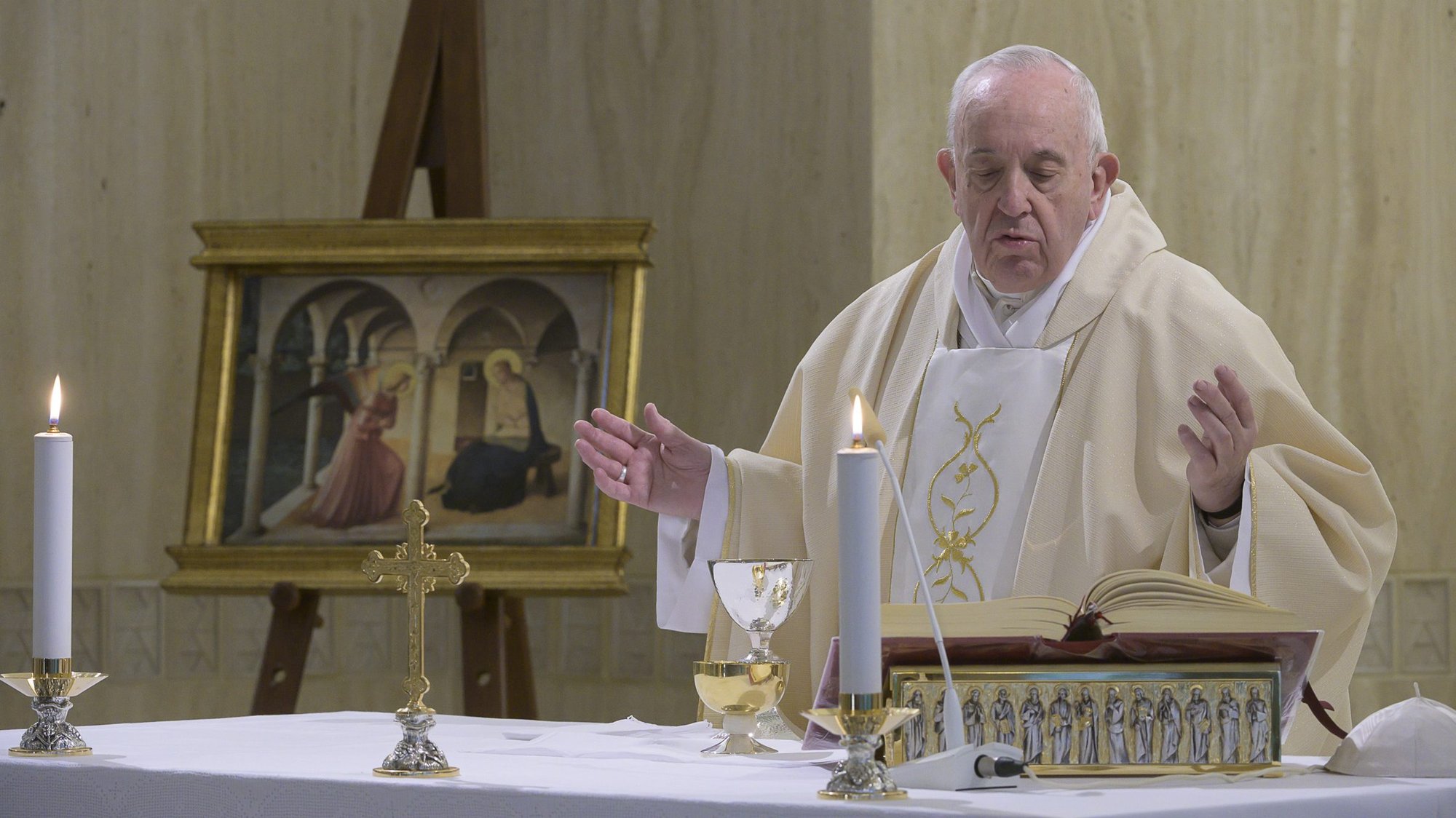 Pope Francis celebrates Mass on the feast of the Annunciation, March 25, 2020, in the chapel of the Domus Sanctae Marthae at the Vatican. (CNS photo/Vatican Media)