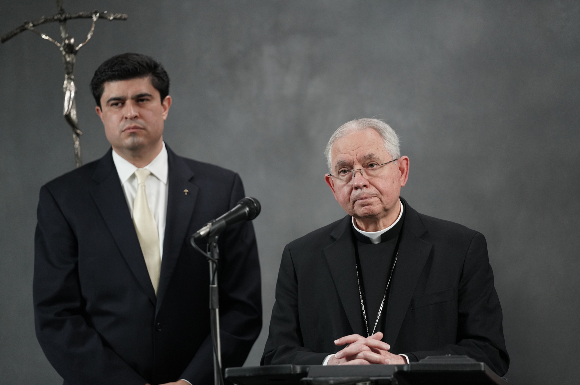 Los Angeles Archbishop José H. Gomez and Department of Catholic Schools Superintendent Paul Escala answer questions from the media March 13, 2020. (Isabel Cacho)