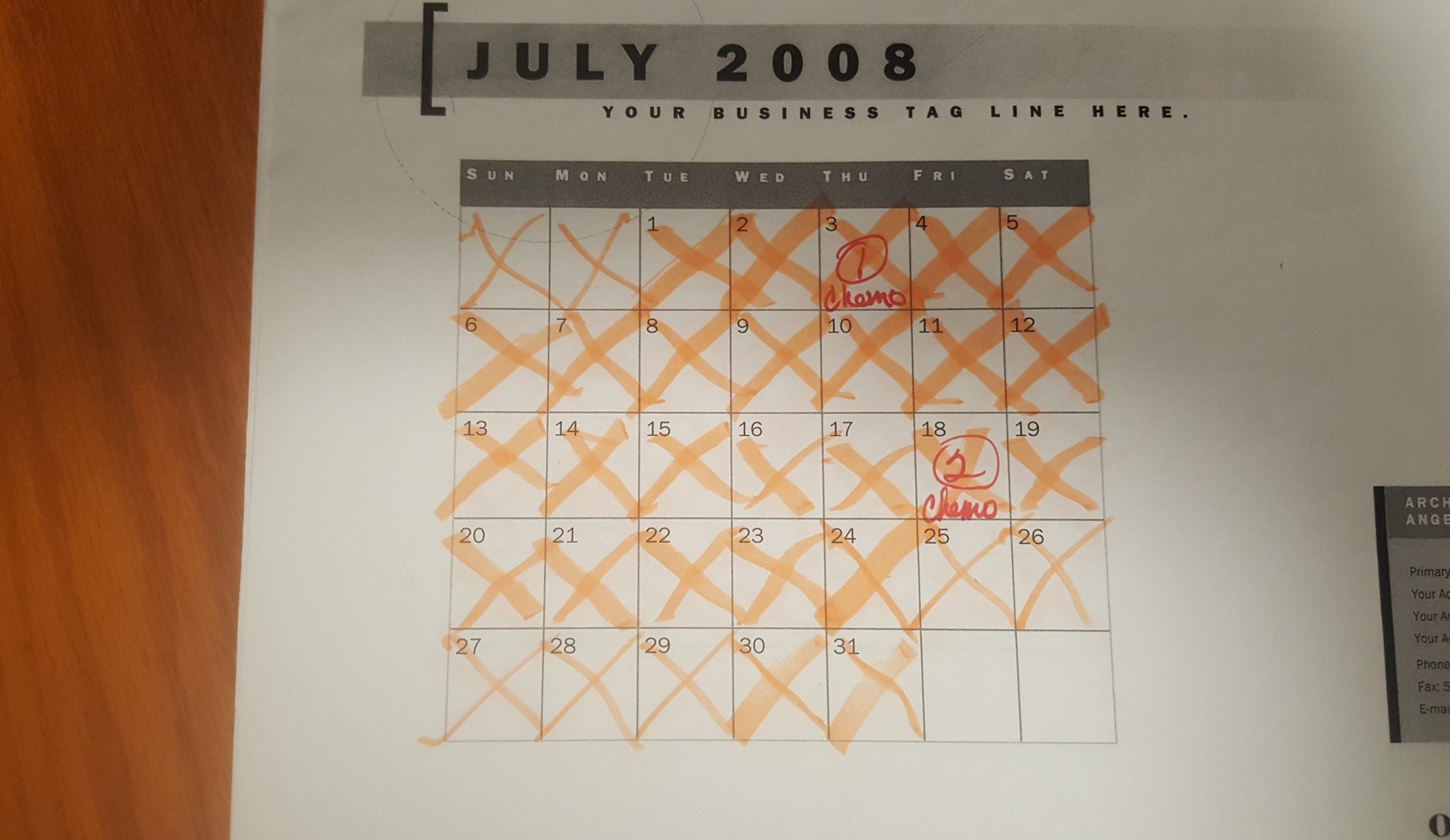 A page from the 2008 calendar kept by then-Msgr. Marc V. Trudeau during his treatment for Lymphoma in 2008.