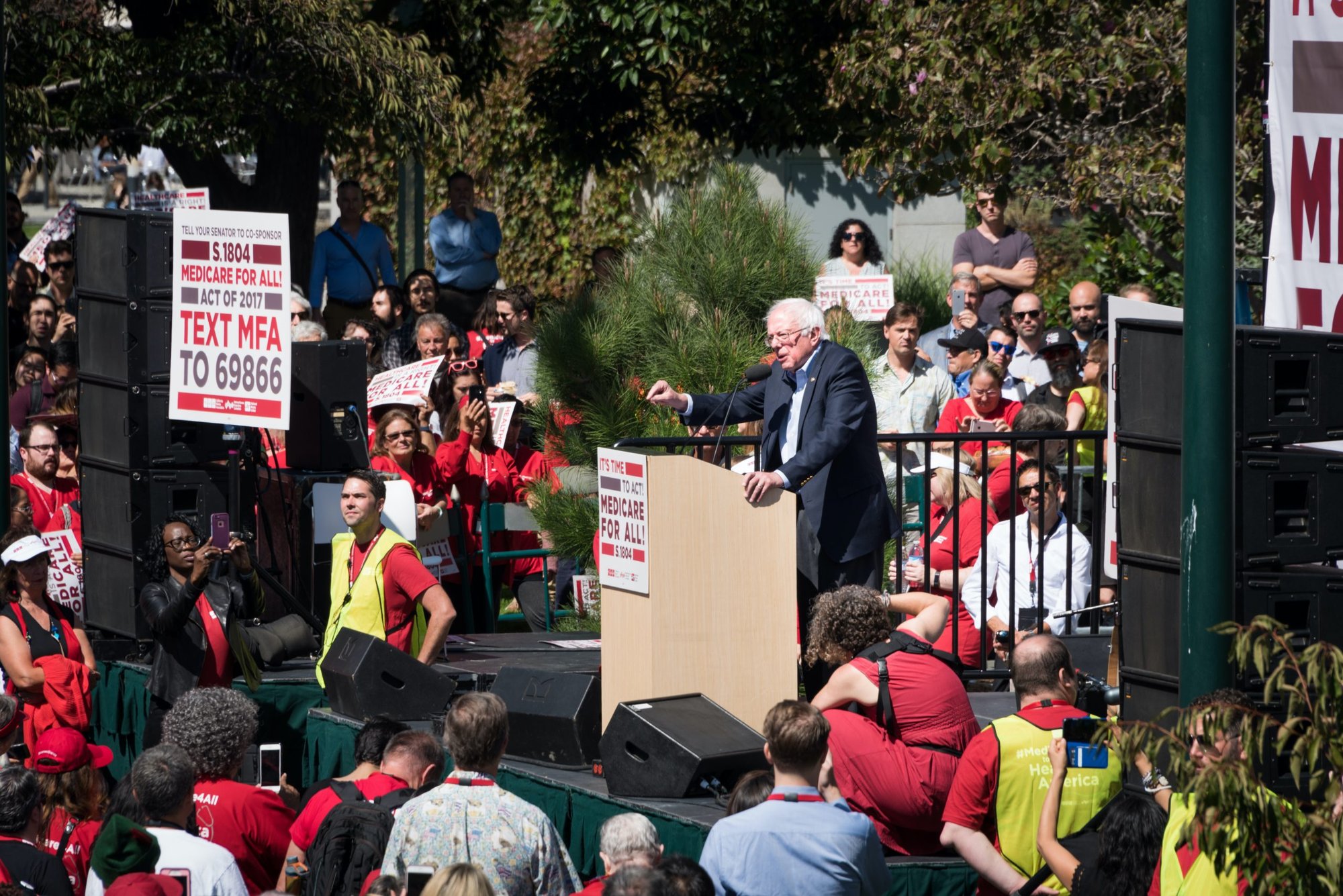 Sen. Bernie Sanders appears at a California Nurses Association Union rally in 2017 to show his support for SB 562, S. 1804, and Medicare for All. (Chris Allan/Shutterstock)