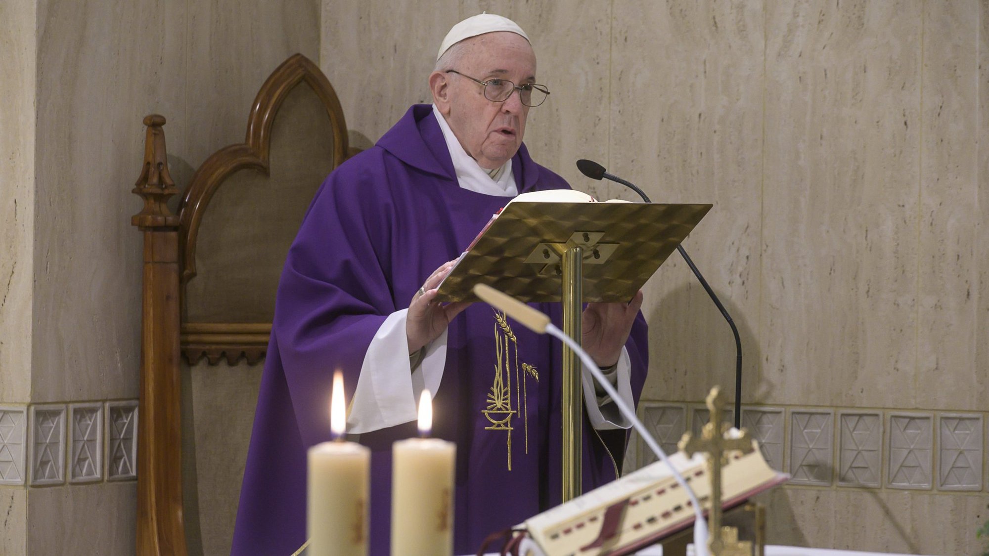 Pope Francis celebrates Mass in the chapel of his Vatican residence, the Domus Sanctae Marthae, April 8, 2020. The pope asked that people pray for a change of heart of people profiteering during the pandemic and taking advantage of people in need. (CNS photo/Vatican Media)