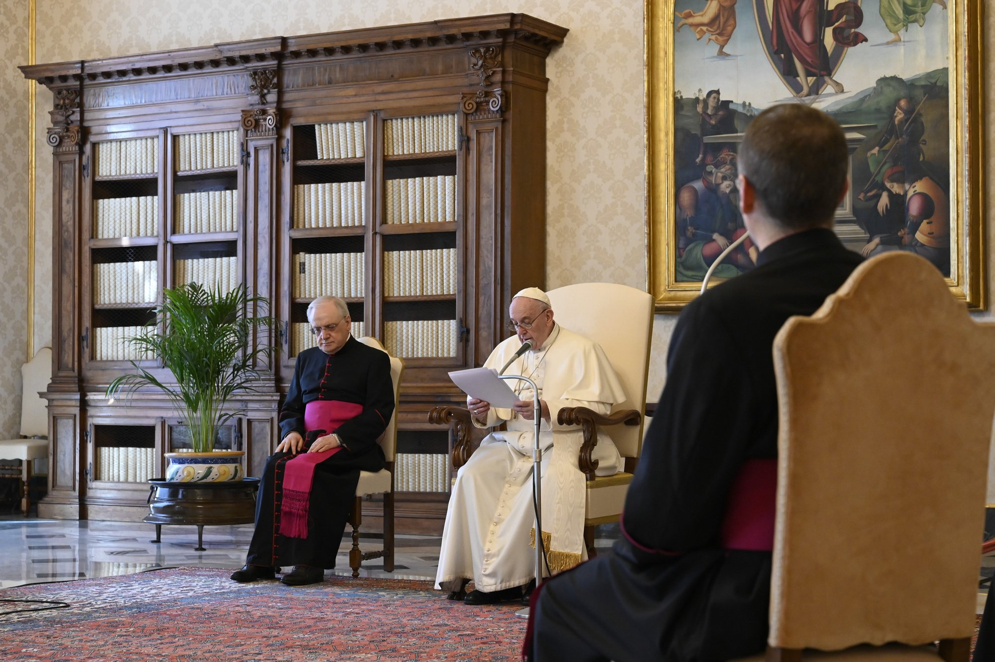 Pope Francis holds his weekly general audience April 15, 2020, in the papal library in the Apostolic Palace. Continuing his series of audience talks about the Eight Beatitudes, the pope focused on the seventh, "Blessed are the peacemakers, for they will be called children of God." (CNS photo/Vatican Media)