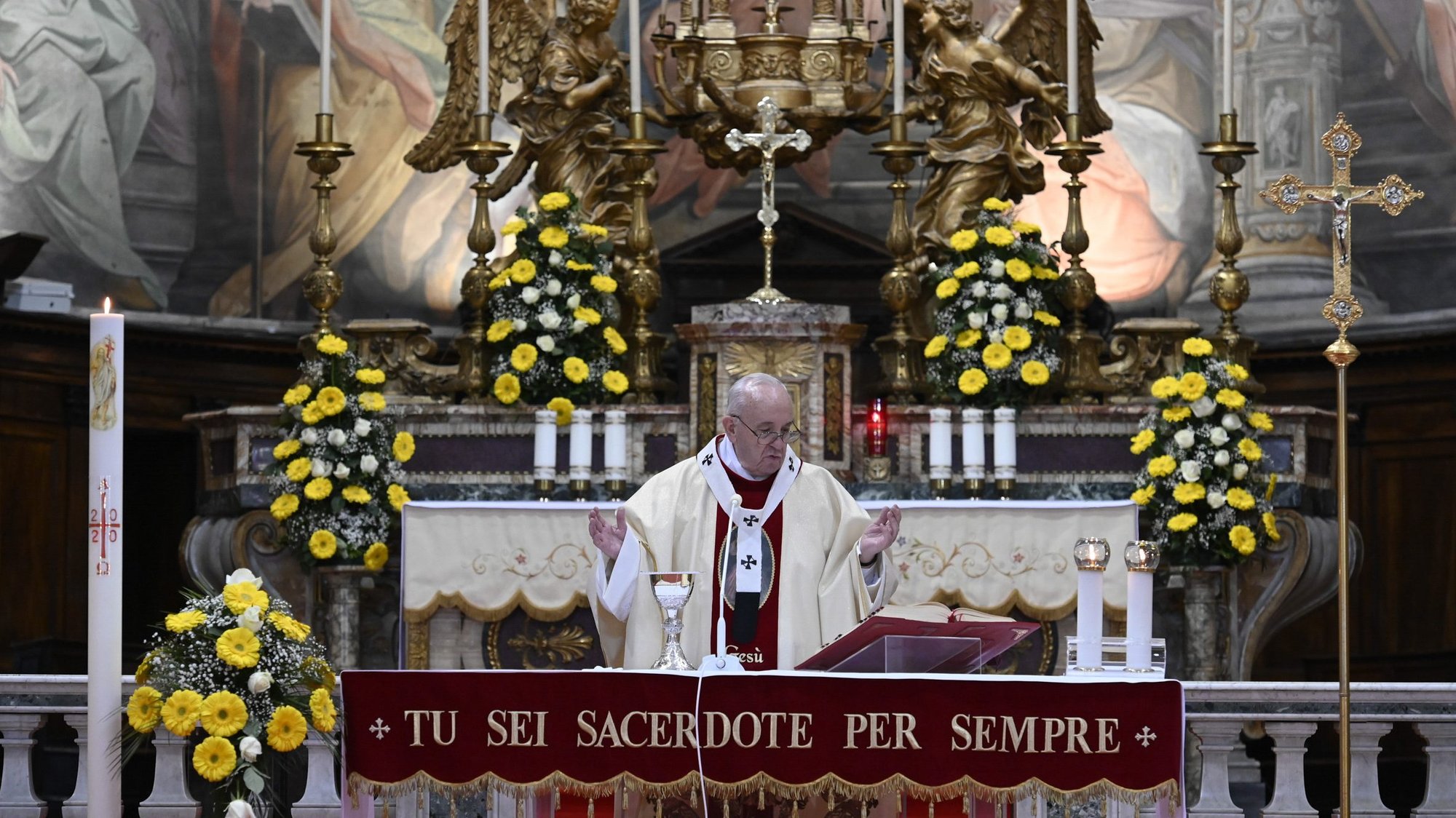 Pope Francis celebrates Mass marking the feast of Divine Mercy at the Church of the Holy Spirit near the Vatican in Rome April 19, 2020. The church houses a sanctuary dedicated to Divine Mercy. (CNS photo/Vatican Media)