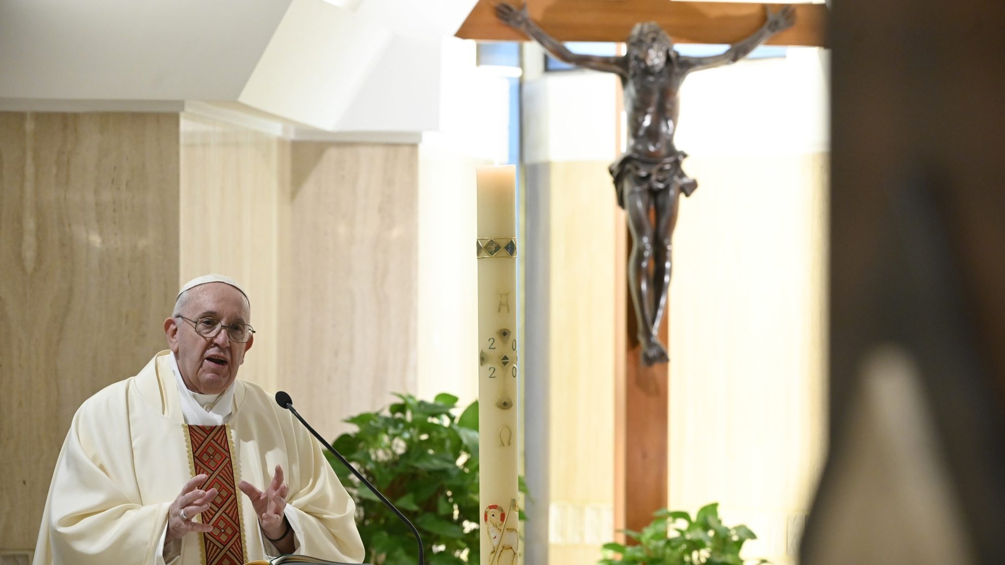 Pope Francis delivers the homily as he celebrates Mass in the chapel of his Vatican residence, the Domus Sanctae Marthae, April 21, 2020. The pope prayed people would use the time of silence created by the COVID-19 pandemic to learn how to be better listeners. (CNS photo/Vatican Media)