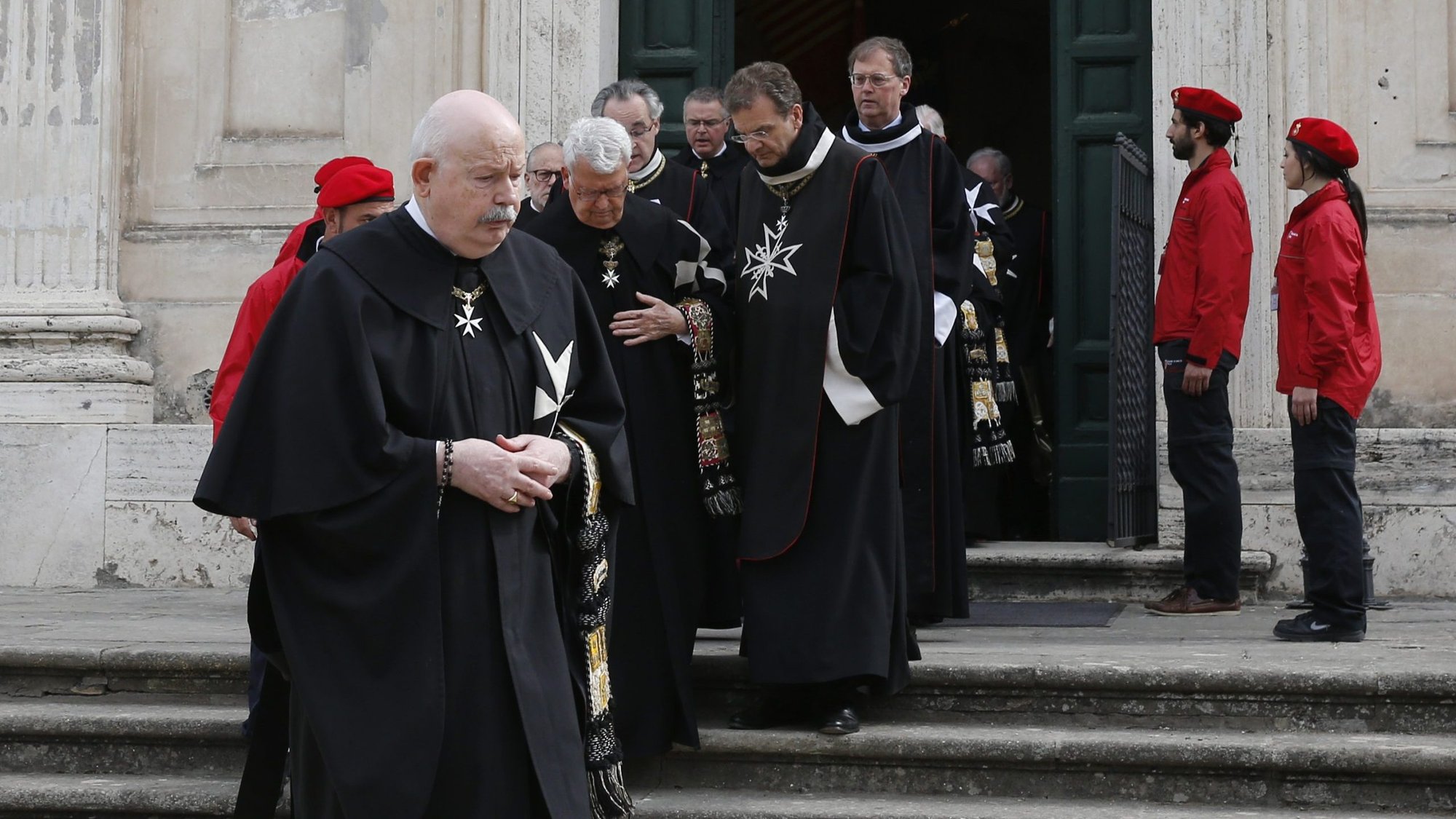 Fra' Giacomo Dalla Torre, left, is seen in a 2018 file photo in Rome. Dalla Torre, who led the Knights of Malta following a tumultuous period in relations with the Vatican, died in Rome April 29, 2020, at the age of 75, the order announced. (CNS photo/Paul Haring)