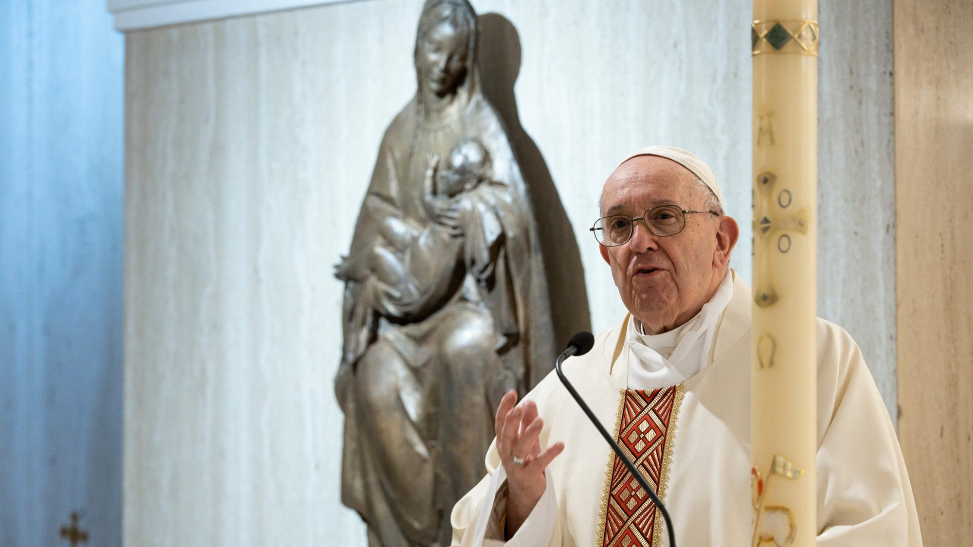 Pope Francis gives the homily during his early morning Mass May 5, 2020, in the chapel of the Domus Sanctae Marthae at the Vatican. The pope began the Mass praying for those who have died from COVID-19 "alone, without the caress of their loved ones -- many of them -- without even a funeral." (CNS photo/Vatican Media)