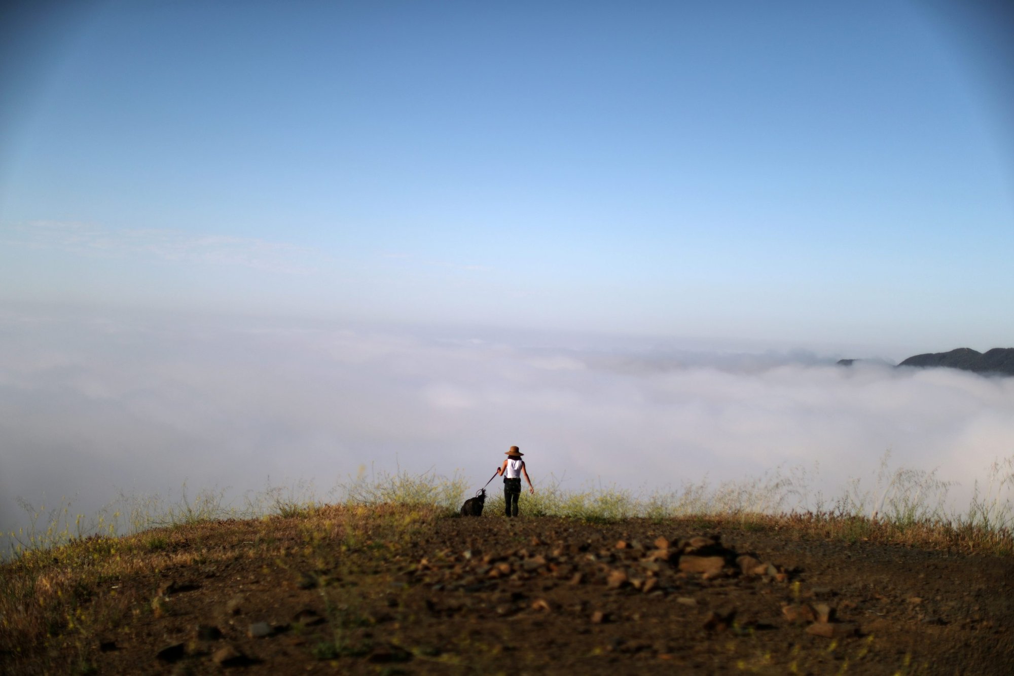 A woman in Los Angeles hikes above the early morning fog May 9, 2020, the first day of the reopening of trails during the coronavirus pandemic. (CNS photo/Lucy Nicholson, Reuters)