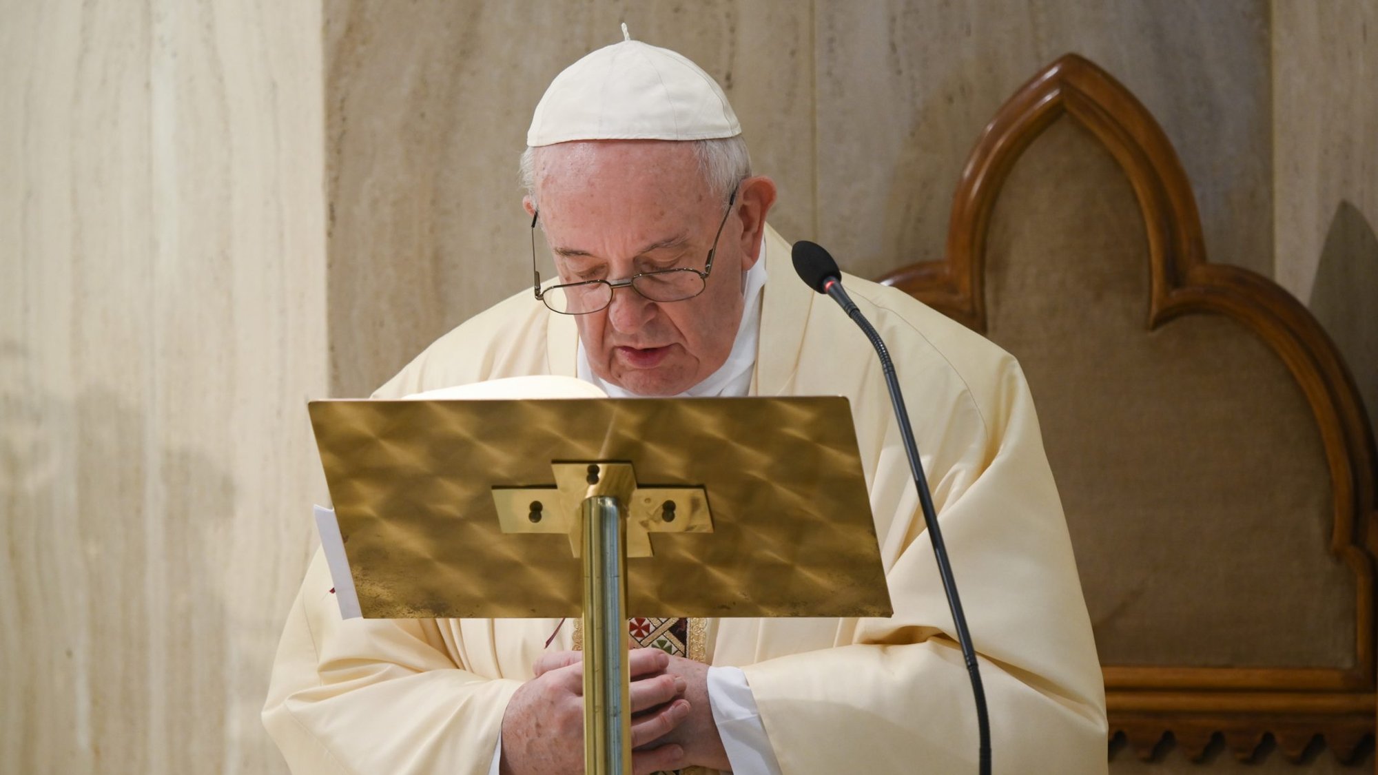 Pope Francis celebrates morning Mass in the chapel of his residence, the Domus Sanctae Marthae, at the Vatican May 15, 2020. (CNS photo/Vatican Media)