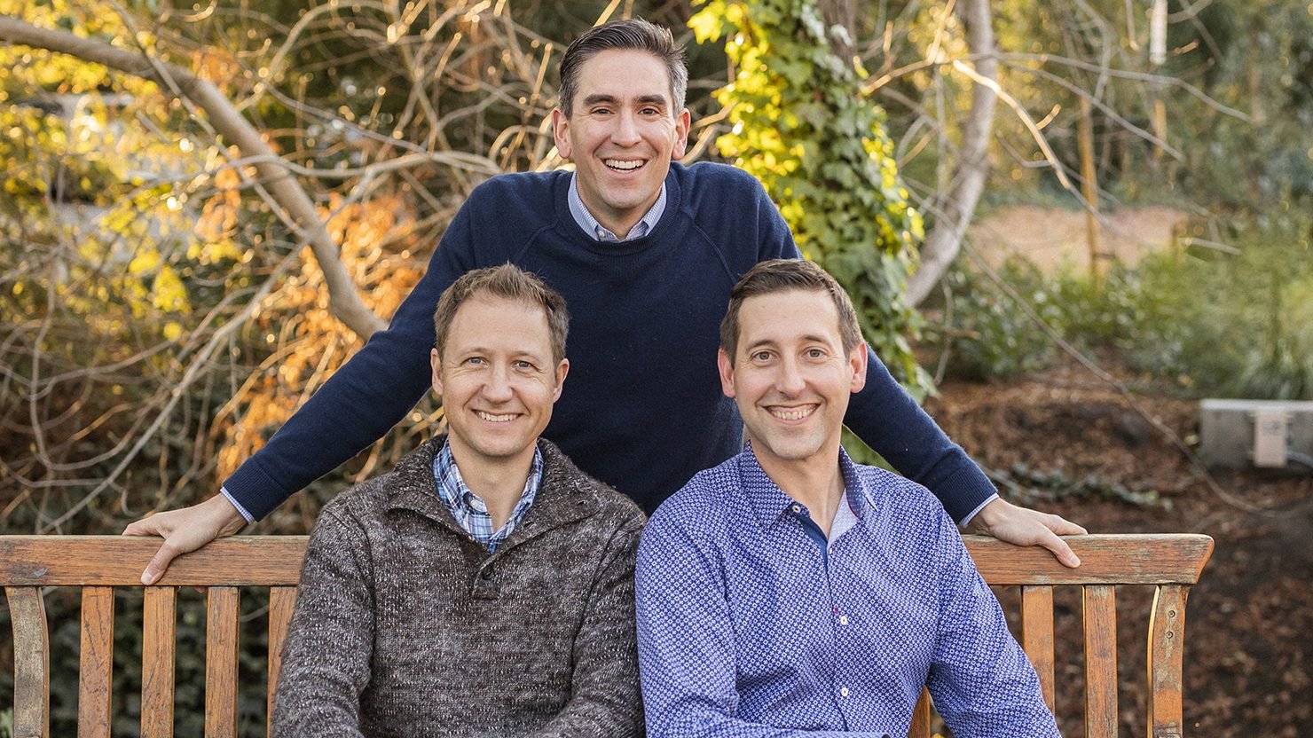 The co-founders of Choicelunch are seen in this undated photo. They are Justin Gagnon, standing, Ryan Mariotti, sitting left, and Keith Cosbey. (CNS photo/courtesy Choicelunch)
