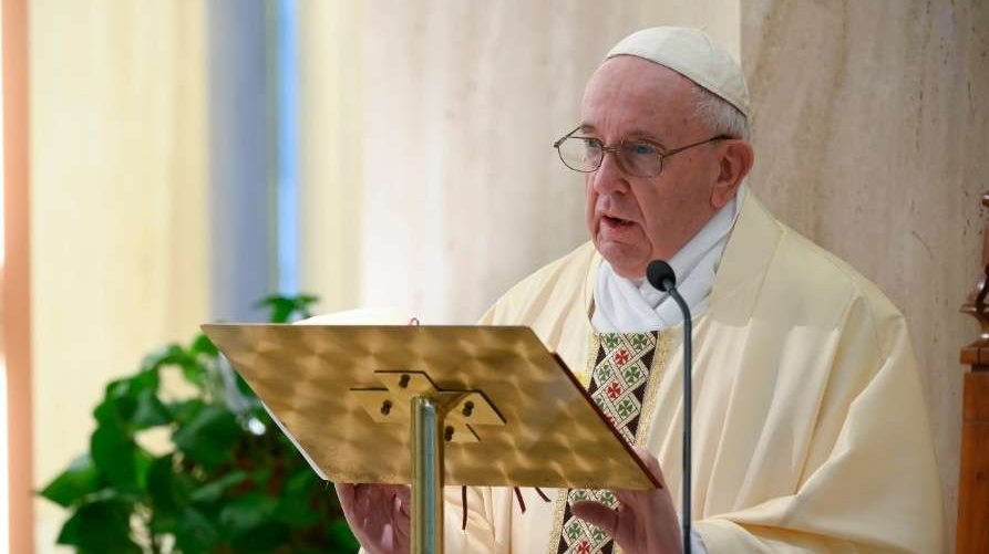 Pope Francis celebrates Mass in the chapel of the Casa Santa Marta May 13, 2020. (Vatican Media via CNA)
