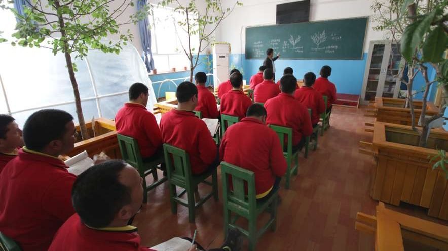 Uyghurs learn gardening at reeducation camp (vocational skills training center) in Moyu County, Hotan Prefecture in Xinjiang. (Azamat Imanaliev/Shutterstock via CNA)