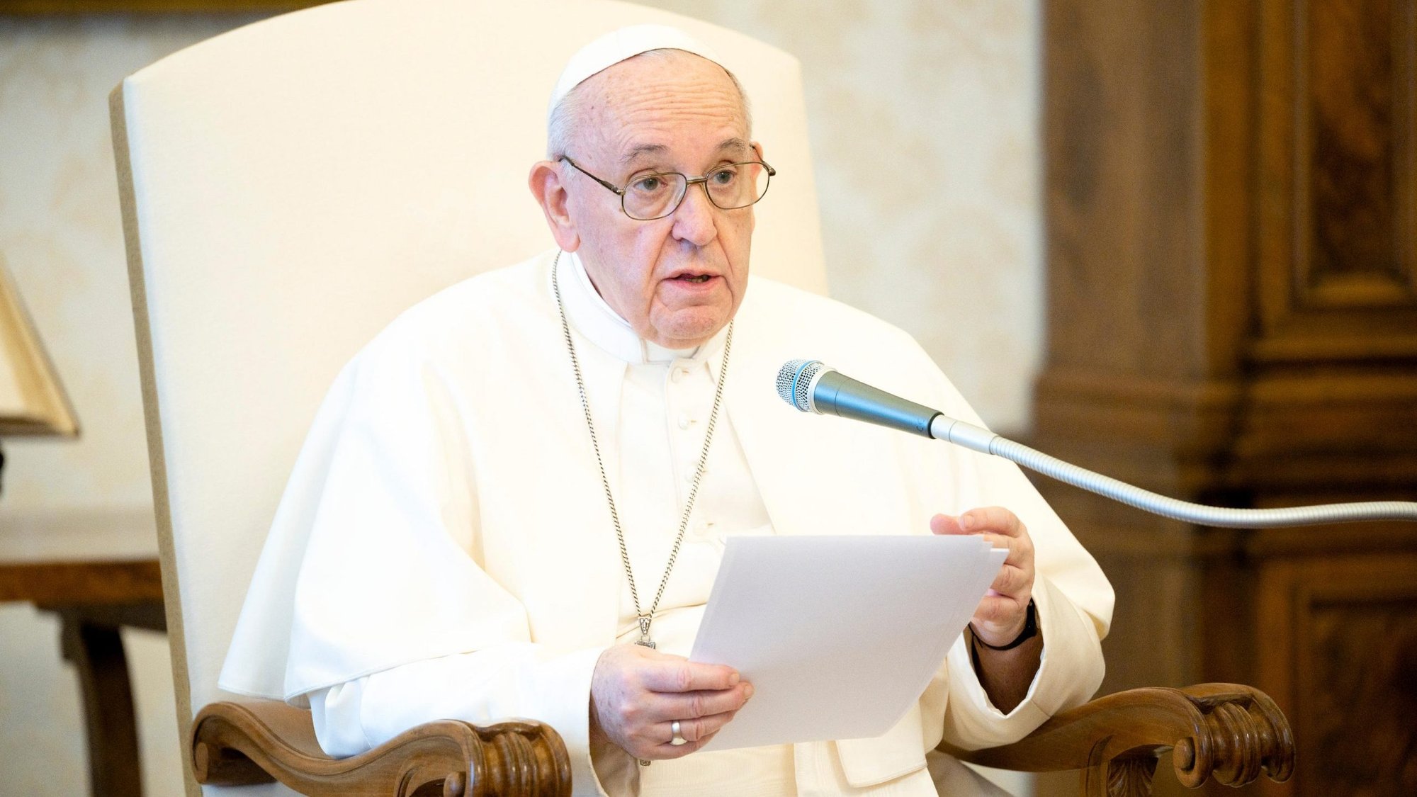 Pope Francis speaks during his weekly general audience in the library of the Apostolic Palace at the Vatican June 3, 2020. (CNS photo/Vatican Media)