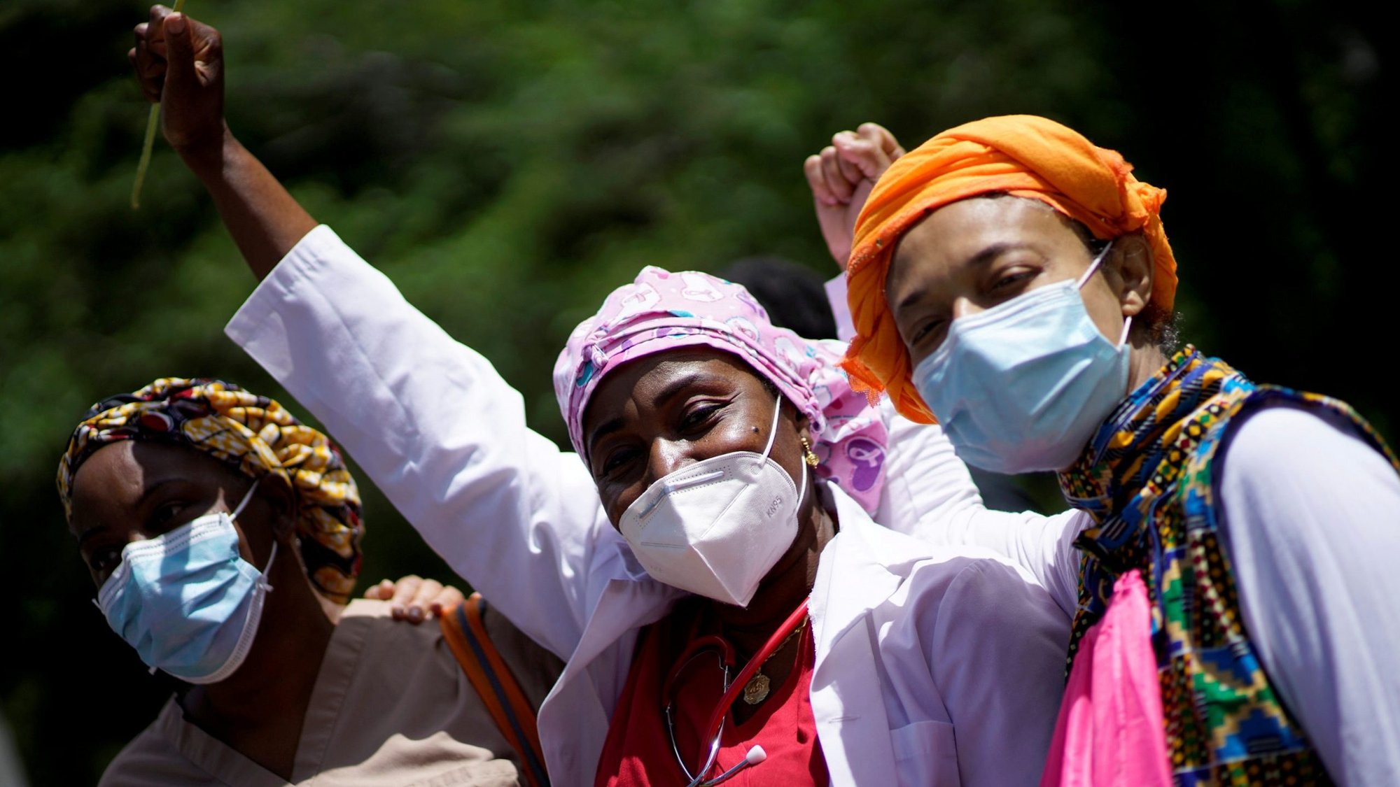 Health care workers in New York City protest racial inequality June 7, 2020.(CNS photo/Eduardo Munoz, Reuters)